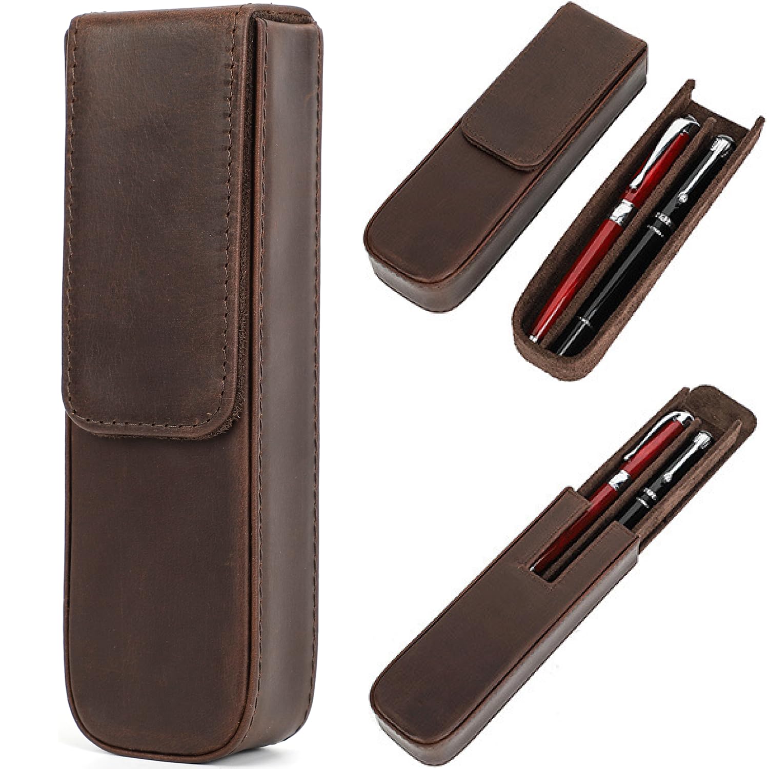 CataPurus Top Grain Genuine Leather 2 Pen/Pencil Tray Case Holder, Vintage Design No Trademark, Handmade, Magnetic Closing with Drawer Design, Gift Choice for Man/Woman/Office, Matte Coffee, 2 Slots — image 1