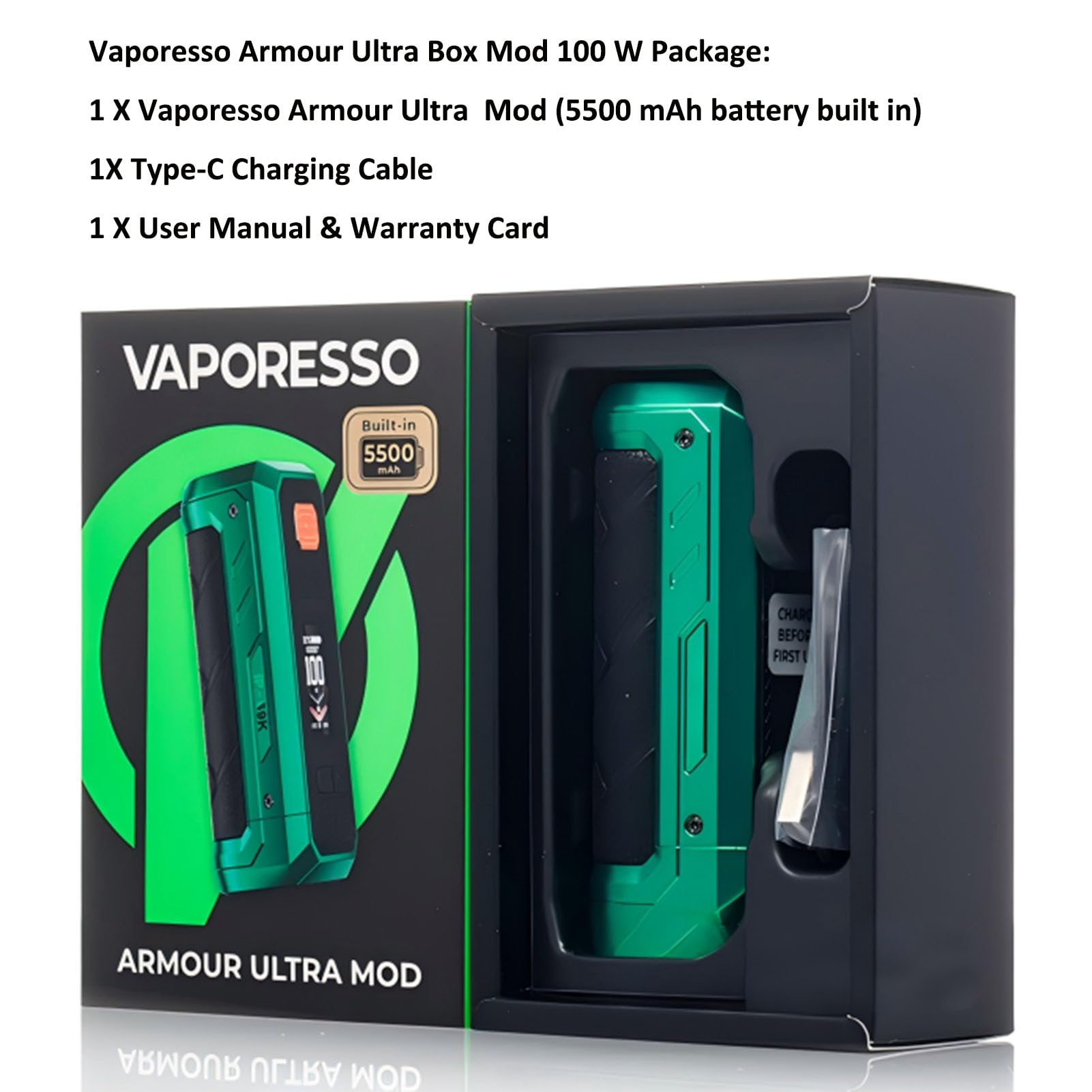 Vaporesso Armour Ultra Mod 100W 5500mAh built in Battery Boost/Pulse/ECO/TC Mode 510 Thread Water Proof E Cigarette Box (Negro obsidiana)