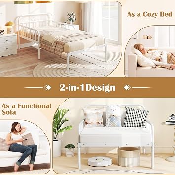 GIANTEX Metal Twin Bed Frame, Convertible Sofa Bed with Headboard & Armrests, Pull-Out Sleeper Chair Bed for Small Spaces Dorm Guest Apartment, Suitable for Folding Sofa Mattress, White
