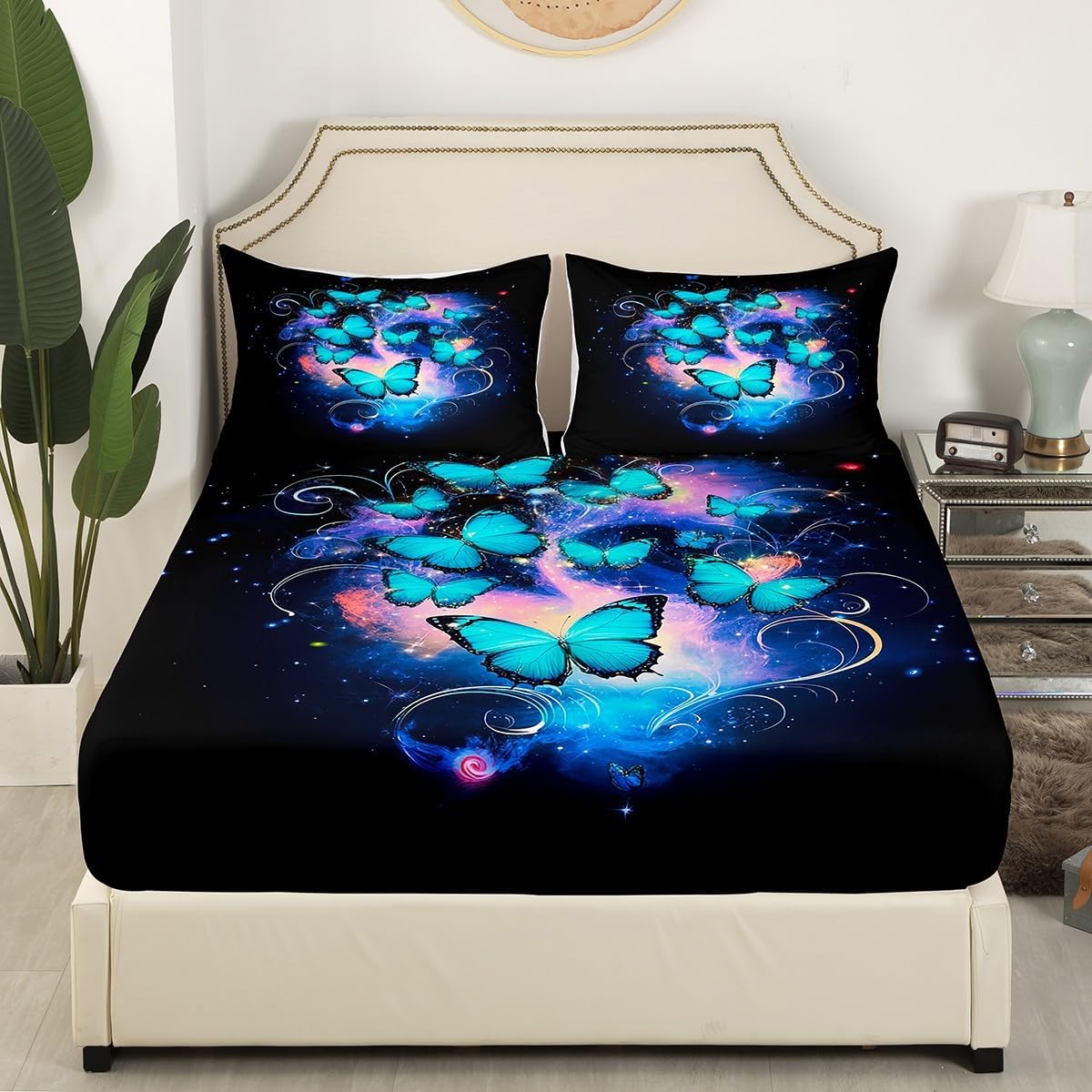Erosebridal Butterflies King Size Sheet Sets 4pcs, Beautiful Butterfly Galaxy Bed Sheets Set for Bedroom, Dreamy Starry Sky Soft Bed Set for Kids Boys Girls, Insects Animals Room Decor Bedding Set