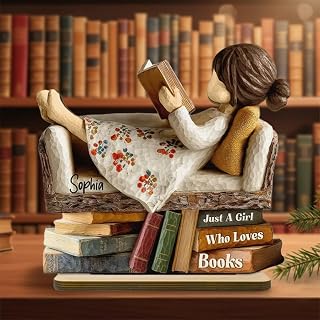 Man Woman Book Lover Reading Book on Sofa,Personalized Wooden Plaque,Custom Name Reading Girl Statue Wooden Figurine,Book Lover Gift,Library Decor,Reader Shelf Decoration (Woman,11.8"/30cm)