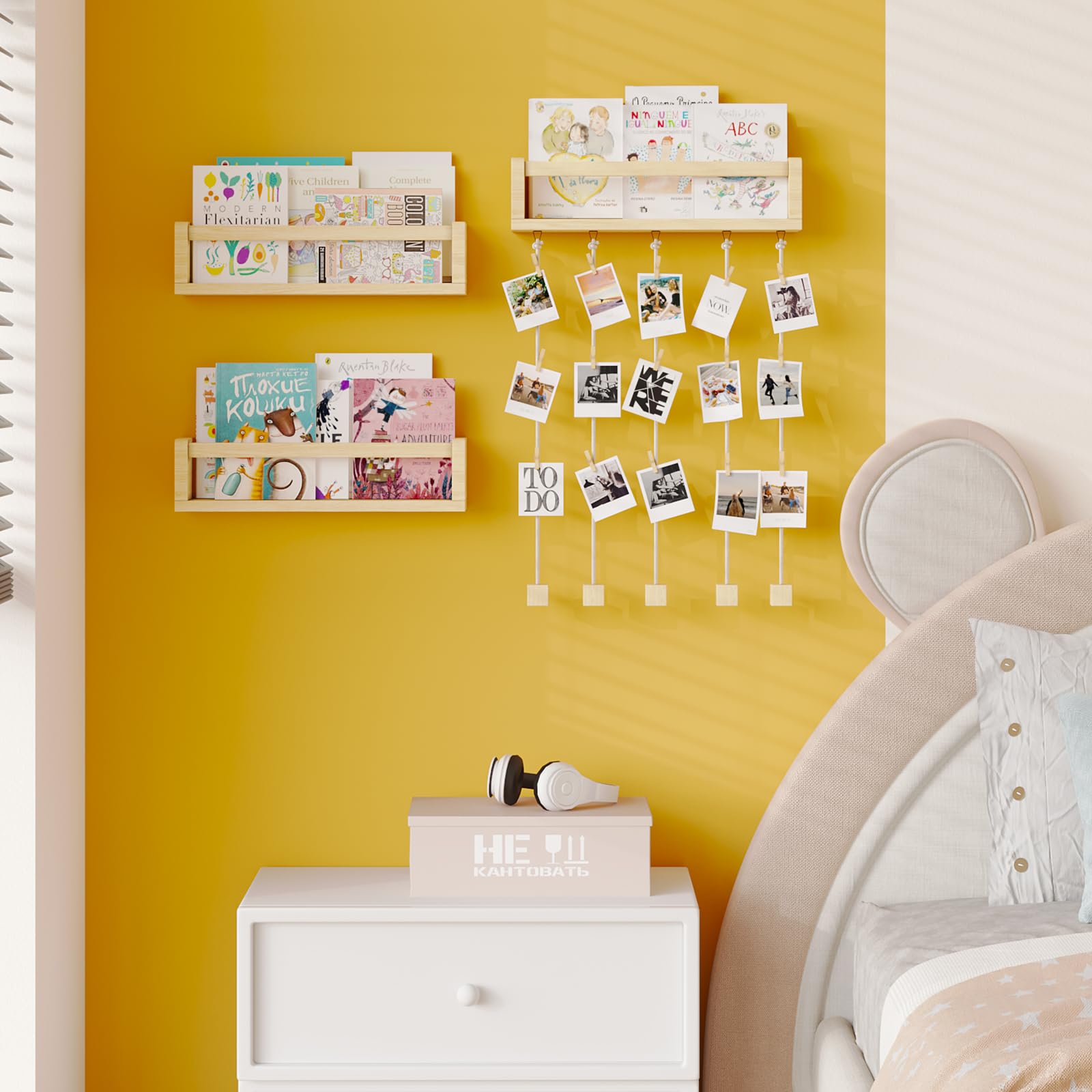 BBLIKE Étagère Murale Enfant Lot de 3-42cm Étagère Livre Enfant avec Affichage à Suspendre pour Photos, Bois Bibliothèque Enfant, Étagère Flottante Chambre Enfant pour d'enfant Salle de Jeux