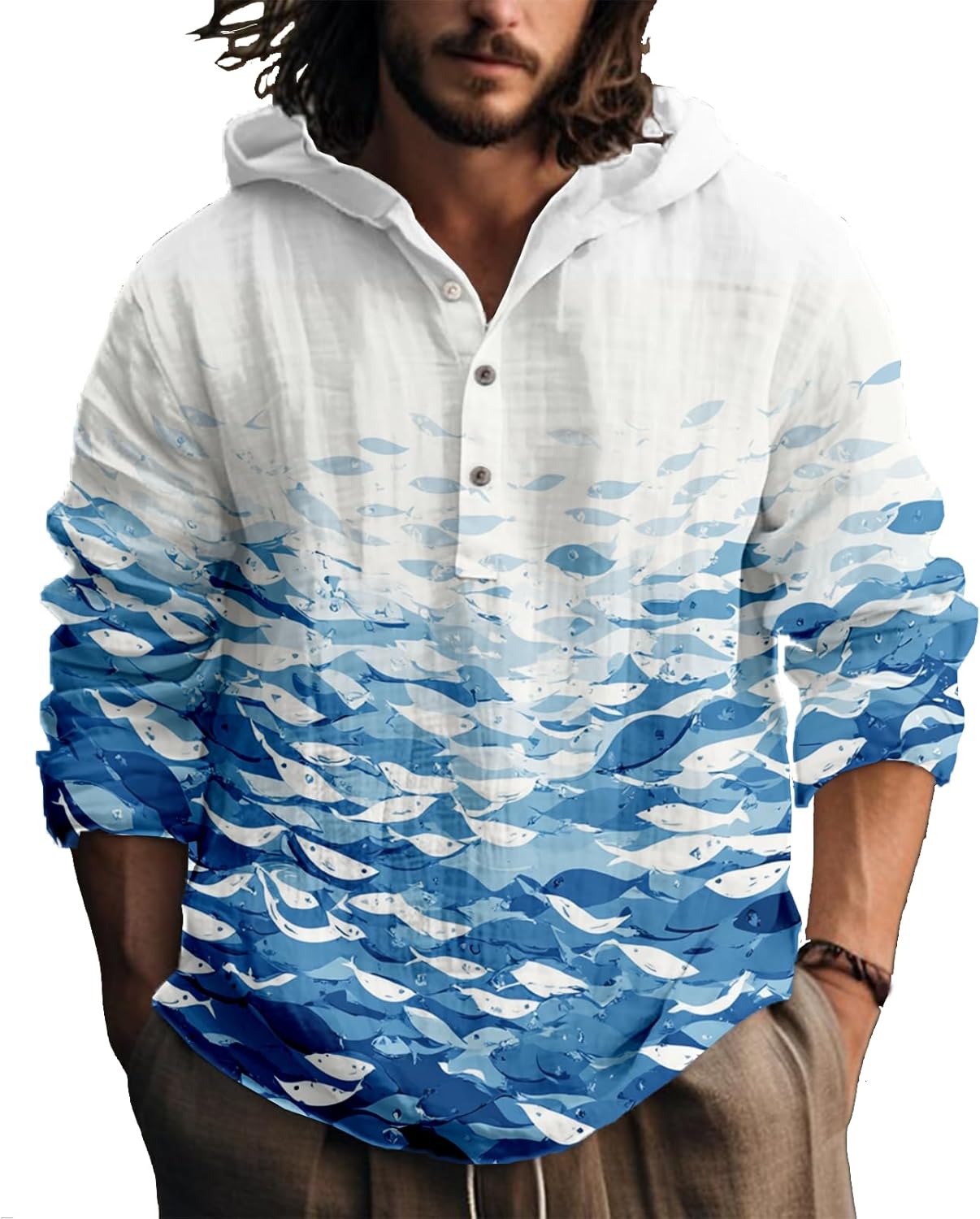 Men’s Hooded Long Sleeve Shirt Graphic Button Up Henley Neck Lightweight Hoodie Shirts Casual Pullover