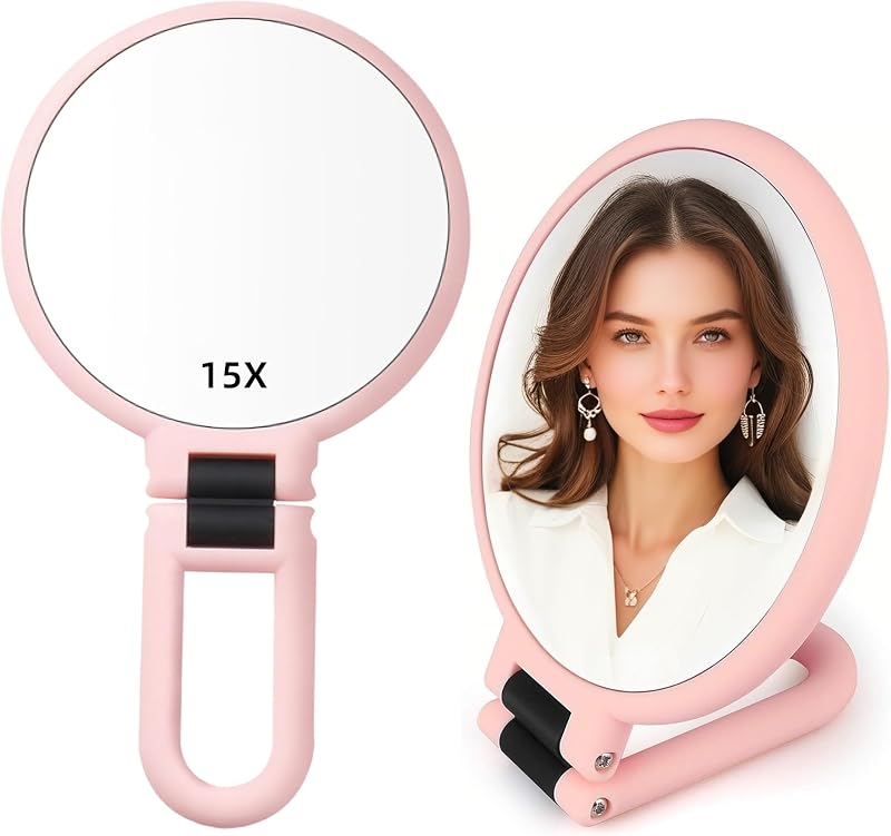 Espelho de mão Stianiiie com aumento 1X/15X, alça dobrável e rotação ajustável, rosa