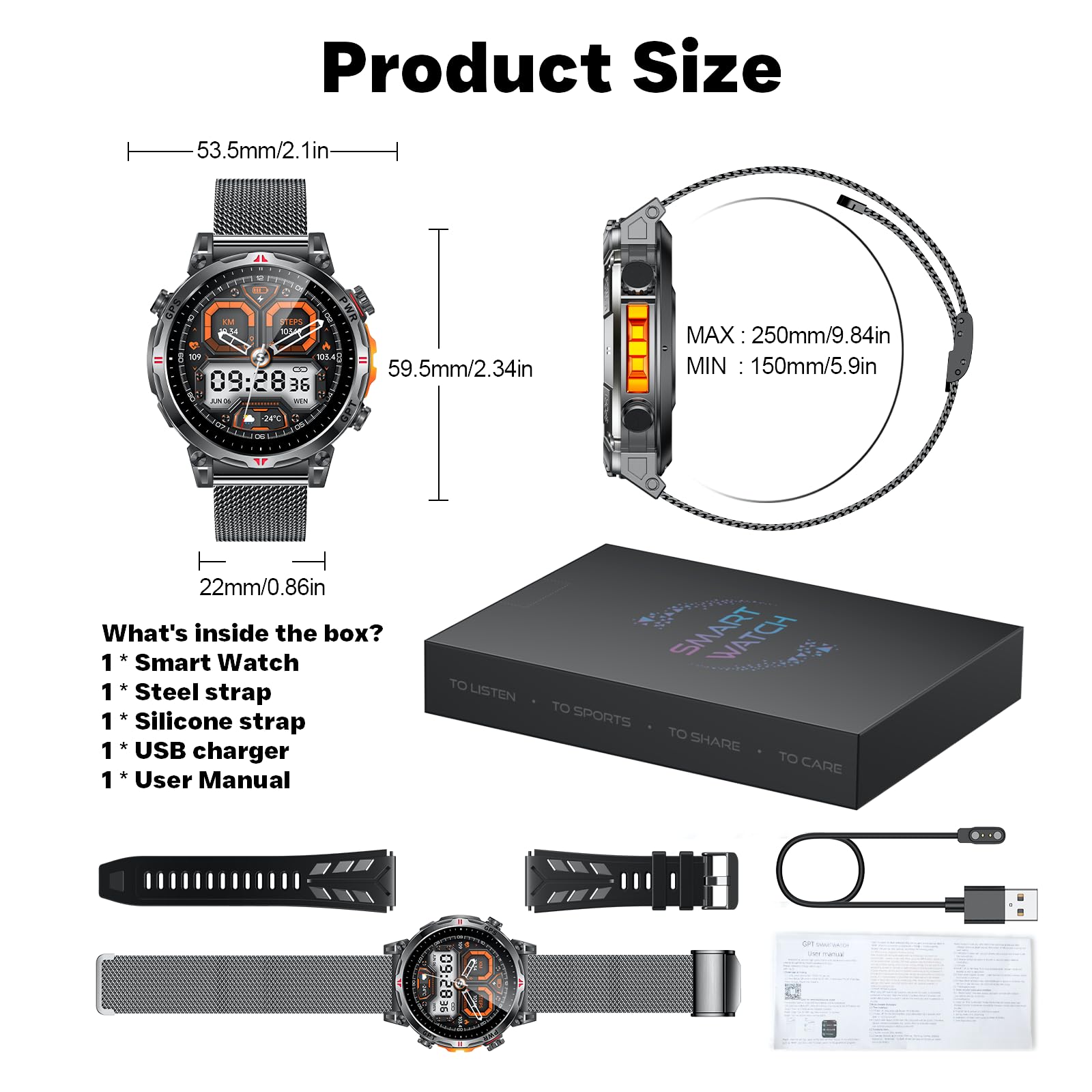 Reloj Inteligente Smartwatch Hombre con GPS: 1.7''AMOLED Pantalla Táctil Bluetooth SmartWatch con GPT Ai Esfera Brújula SpO2 Sueño Presión Arterial 100+Modo Deportivo 3ATM Impermeable Para Android iOS