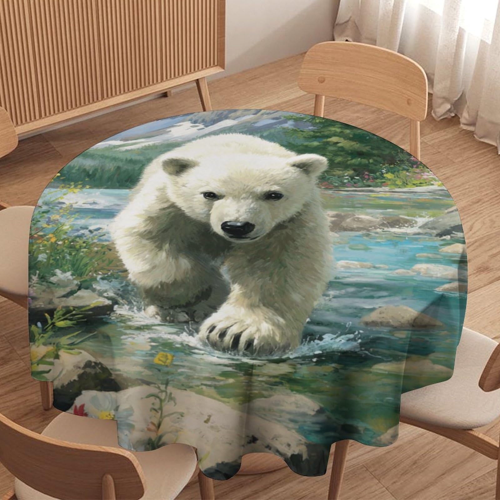 LUYYSKY Beautiful Rustic Polar Bears Waterproof Round Tablecloth Colorful Abstract Natural Mountain Animal Bears Print Washable Table Cover for Kitchen-177.8" Wx177.8 L cm