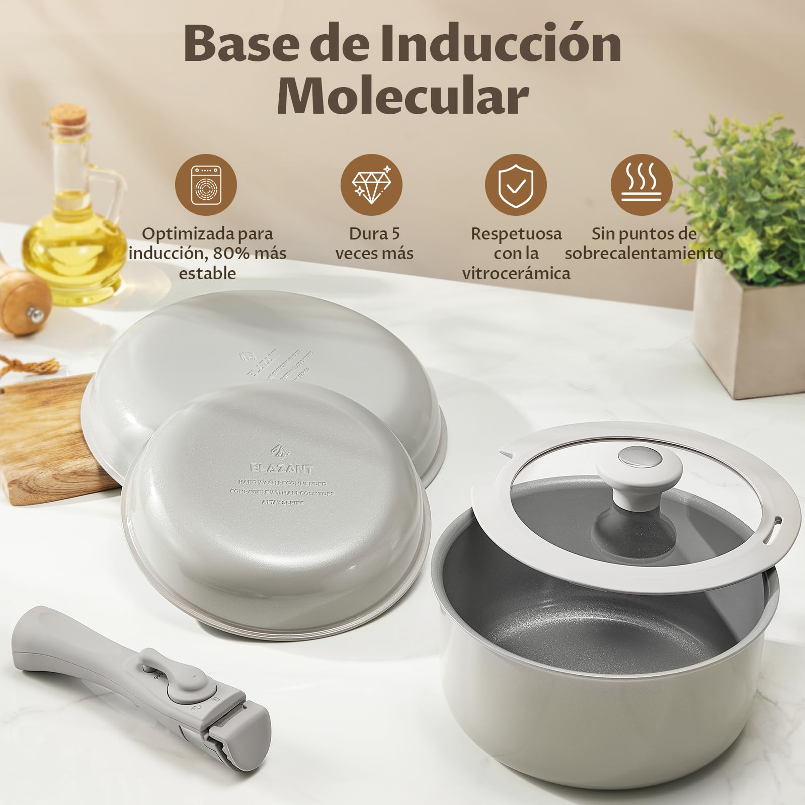 BLAZANT Juego de Ollas y Sartenes 7 Piezas, Sarten Ceramica No Tóxicas | Juego Ollas y Sartenes con Mangos Desmontables, Base mejorada, Calentamiento uniforme,Para camping, Libre de PTFE y PFOA