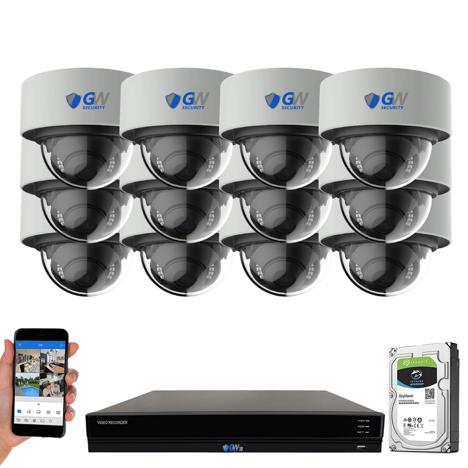 GW 16 Channel 4K NVR 8MP (3840x2160) H.265+ Color Night Vision Smart AI Security Camera System - 12 x UltraHD 4K Human Det...