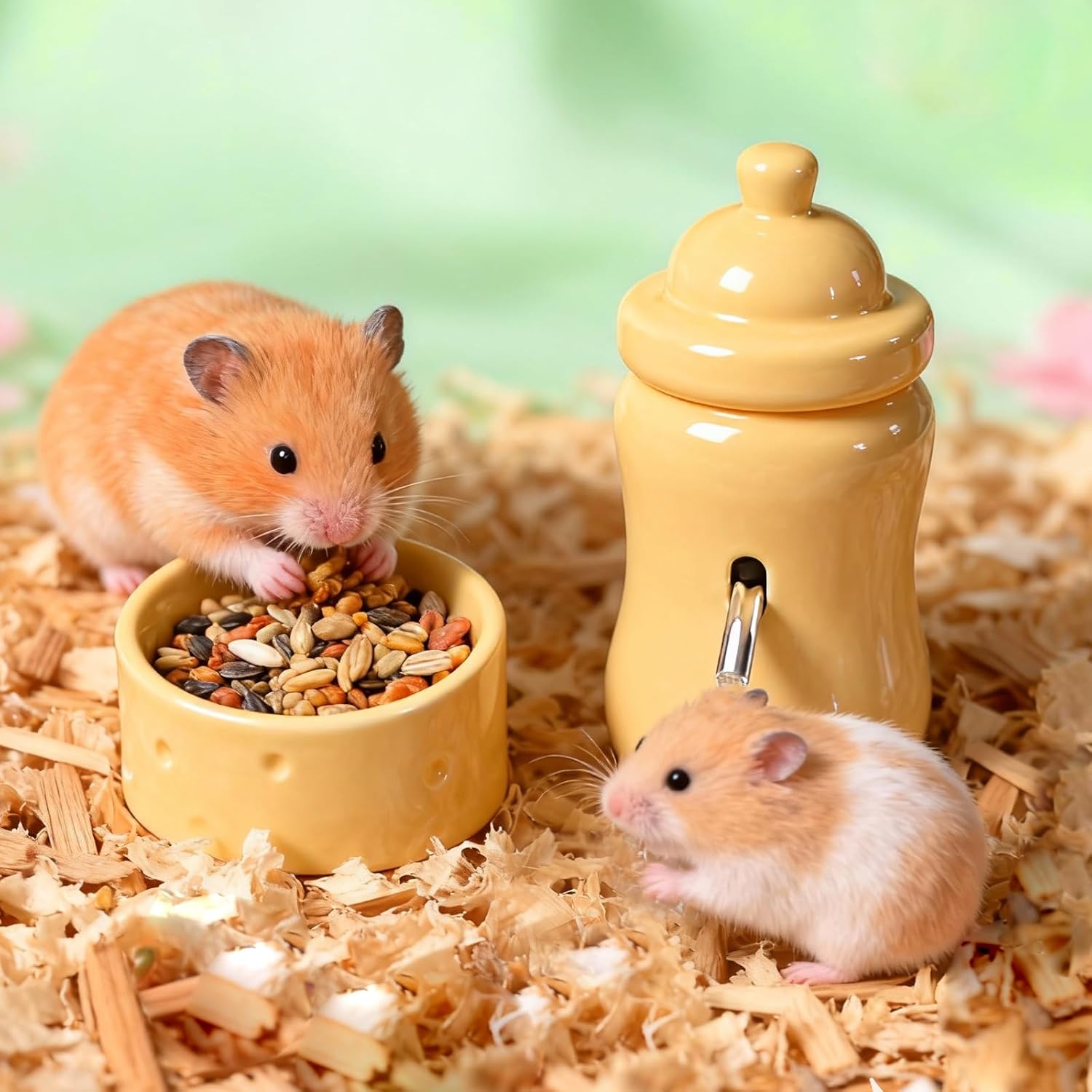 Ceramic Hamster Water Bottle with Stand and Food Bowl Set, Yellow | Anti Flipping Food Dish, Water Dispenser, For Dwarf Hamster Gerbils Syrian Hamster Mice Rats, Accessories for Cages