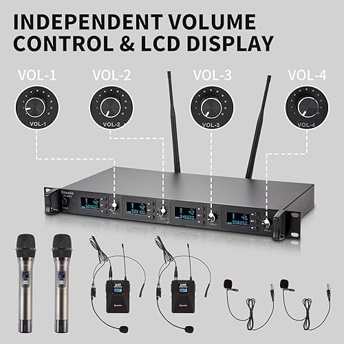 Miniatura 3 de Sistema de micrófono inalámbrico de solapa, 4 micrófonos Lavalier con UHF 4 canales 4 bodypack 4 auriculares micrófonos para karaoke, iglesia,