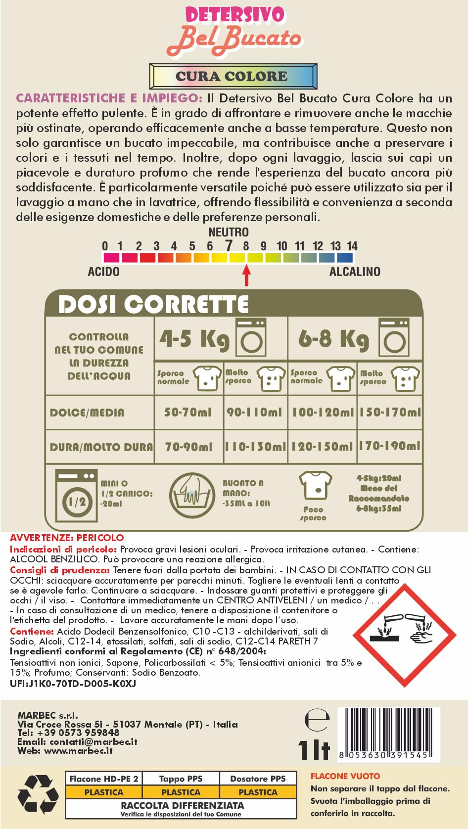 MARBEC DETERSIVO BelBucato CuraColore 1LTx6PZ Detersivo liquido concentrato per bucato a mano e in lavatrice. Si prende cura dei tuoi capi colorati