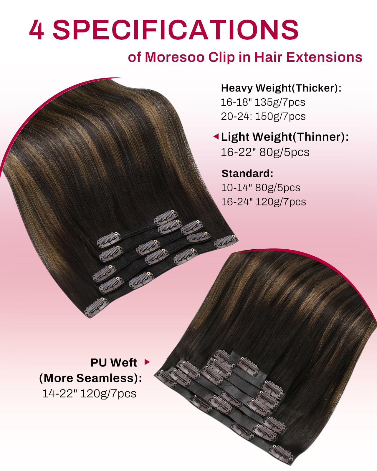Moresoo Extension Cheveux Naturel Clip Balayage Brun le plus Foncé avec Brun Moyen Extension Clip Cheveux Naturel Remy Lisse Courte #2/6/2 30 cm 5 Pièces 80g