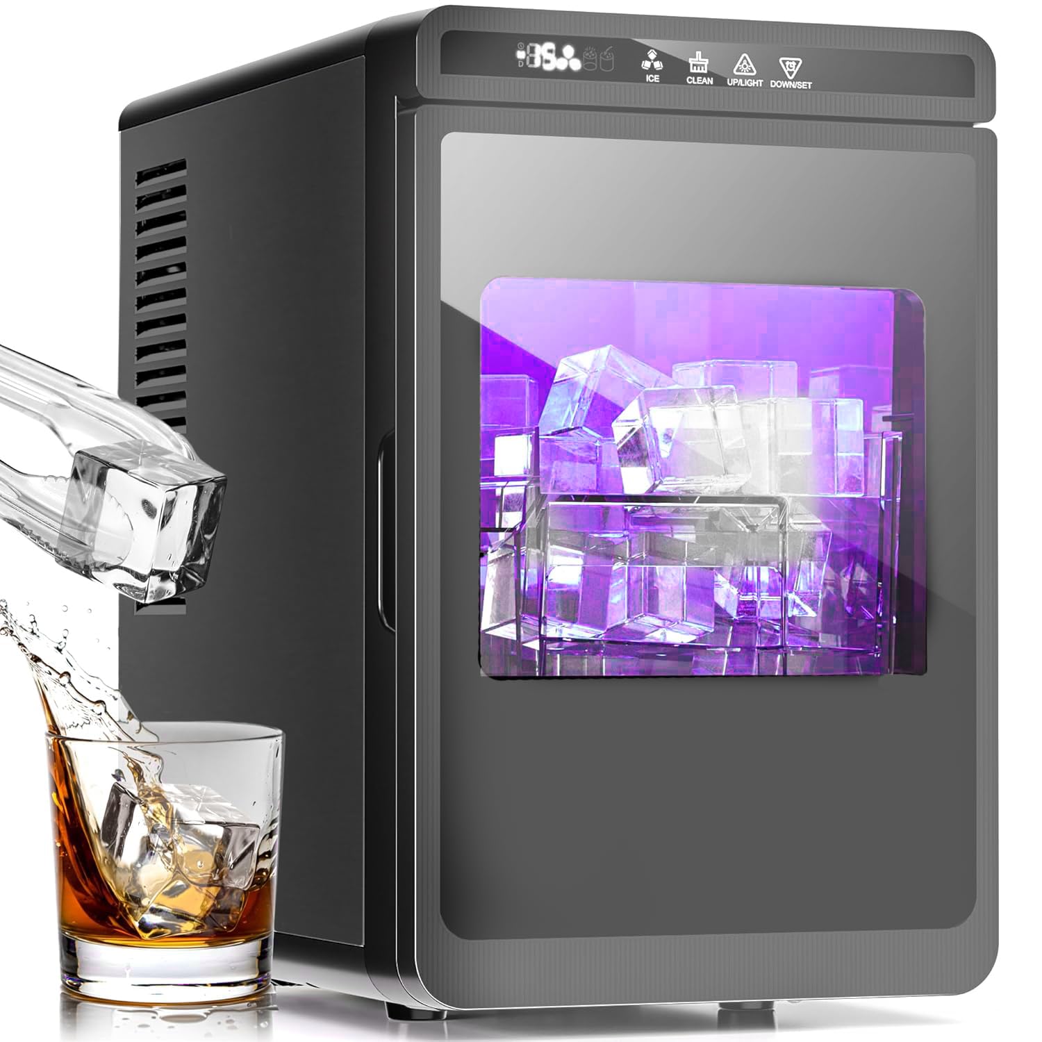Kismile Ice Makers Countertop, Ice Machine with Handle, 26Lbs/Day, 9 Cubes Ready in 6 Mins, Self-Cleaning Portable Ice Maker, 2 Sizes of Bullet Ice Cubes for Home/Office(Black)
