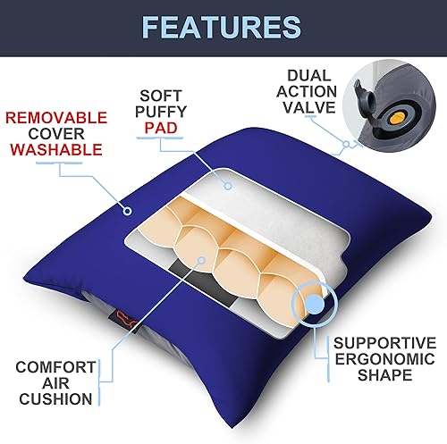 Miniatura 2 de rioyalo X-Foam - Almohada inflable de camping Lite con funda de espuma extraíble, cómoda, lavable, ultraligera, portátil con soporte lumbar para el