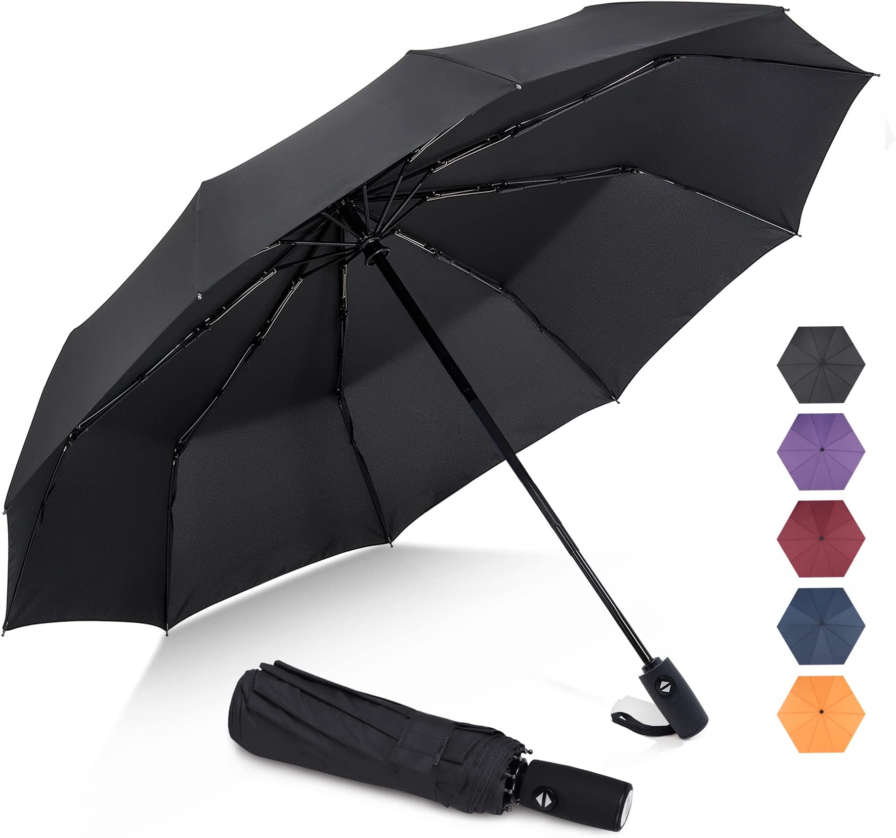Travel Umbrella, 10 Ribs Reinforced Windproof Umbrella with 45" Teflon Coating Canopy, Auto Open Close and Upgraded Comfort Handle, Compact Protection from Rain(Black)