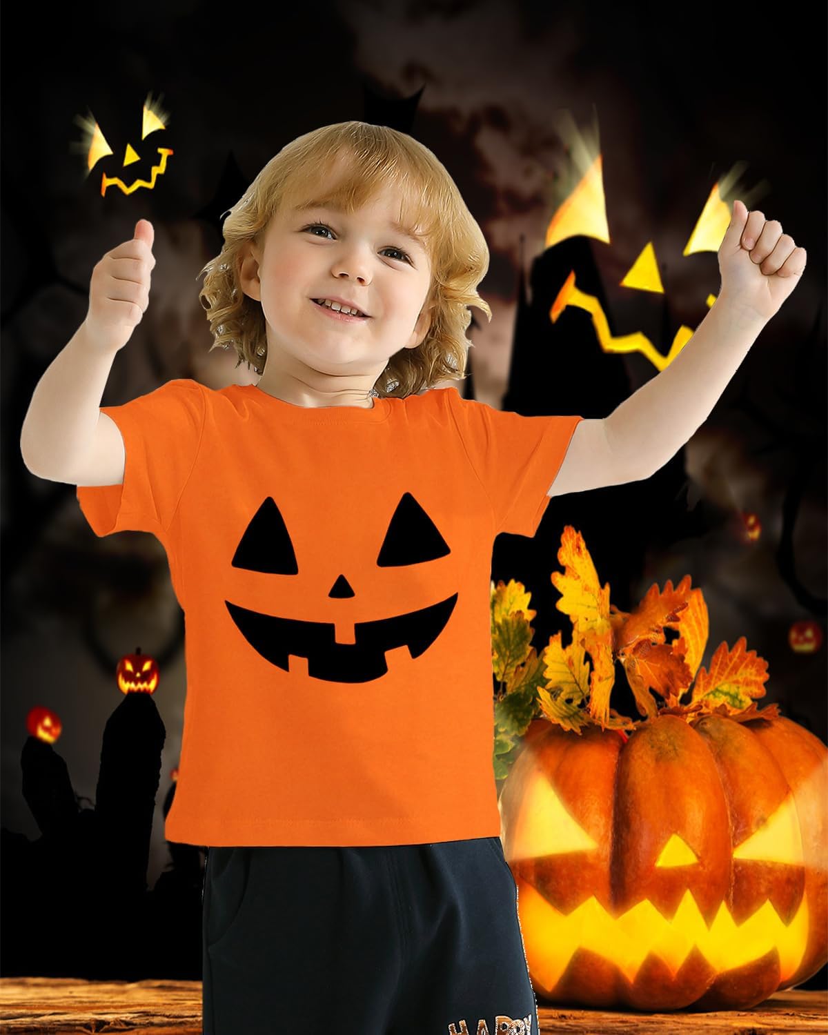 CM-Kid Toddler Boy Girl Halloween Pumpkin Shirt Short Sleeve Pumpkin Face Tshirt for Kids Cotton Tops 2-7 Years