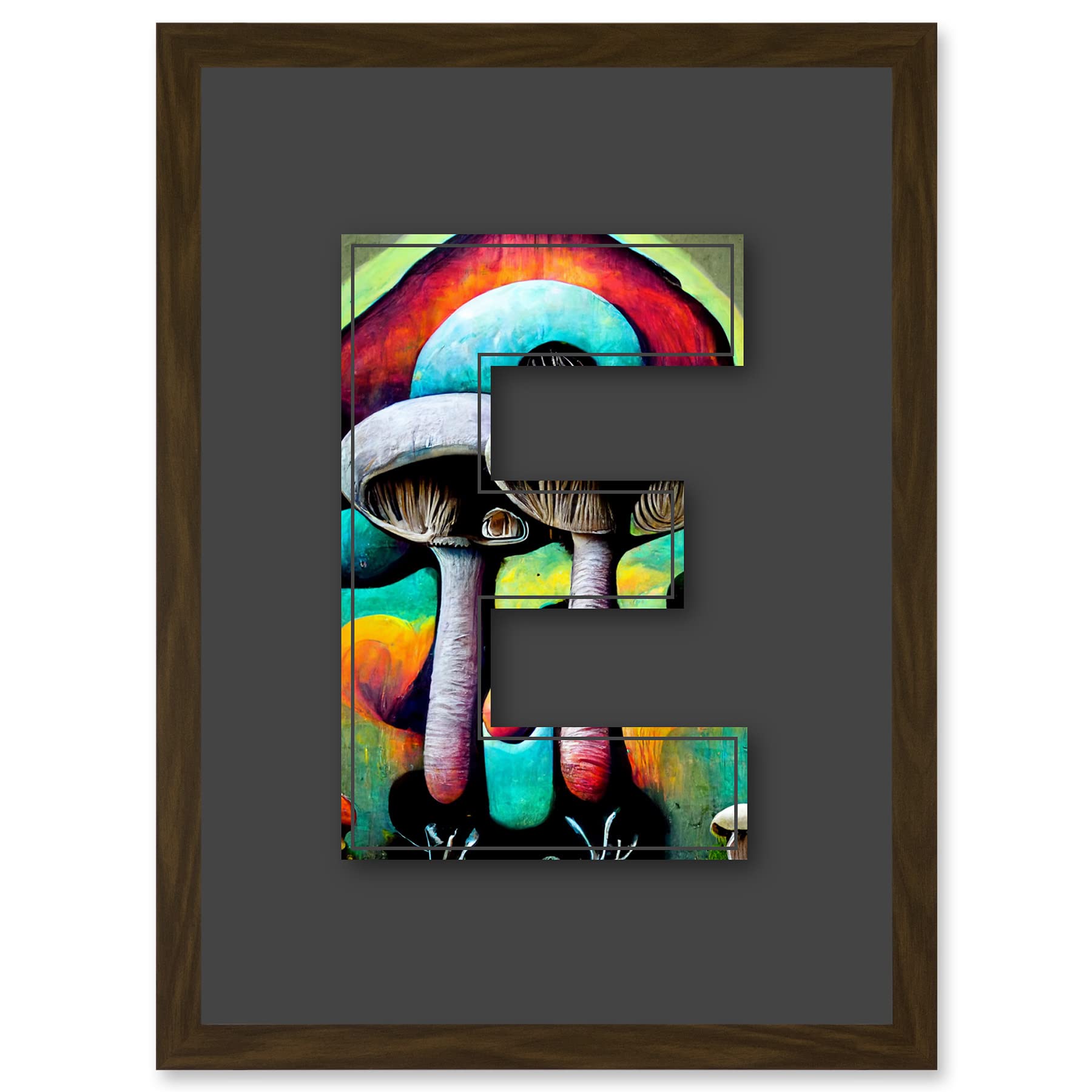 Wee Blue Coo Letter E Multicoloured Trippy Mushrooms Decorative Graffiti Mural Alphabet Initial Stencil Artwork Framed Wall Art Print A4
