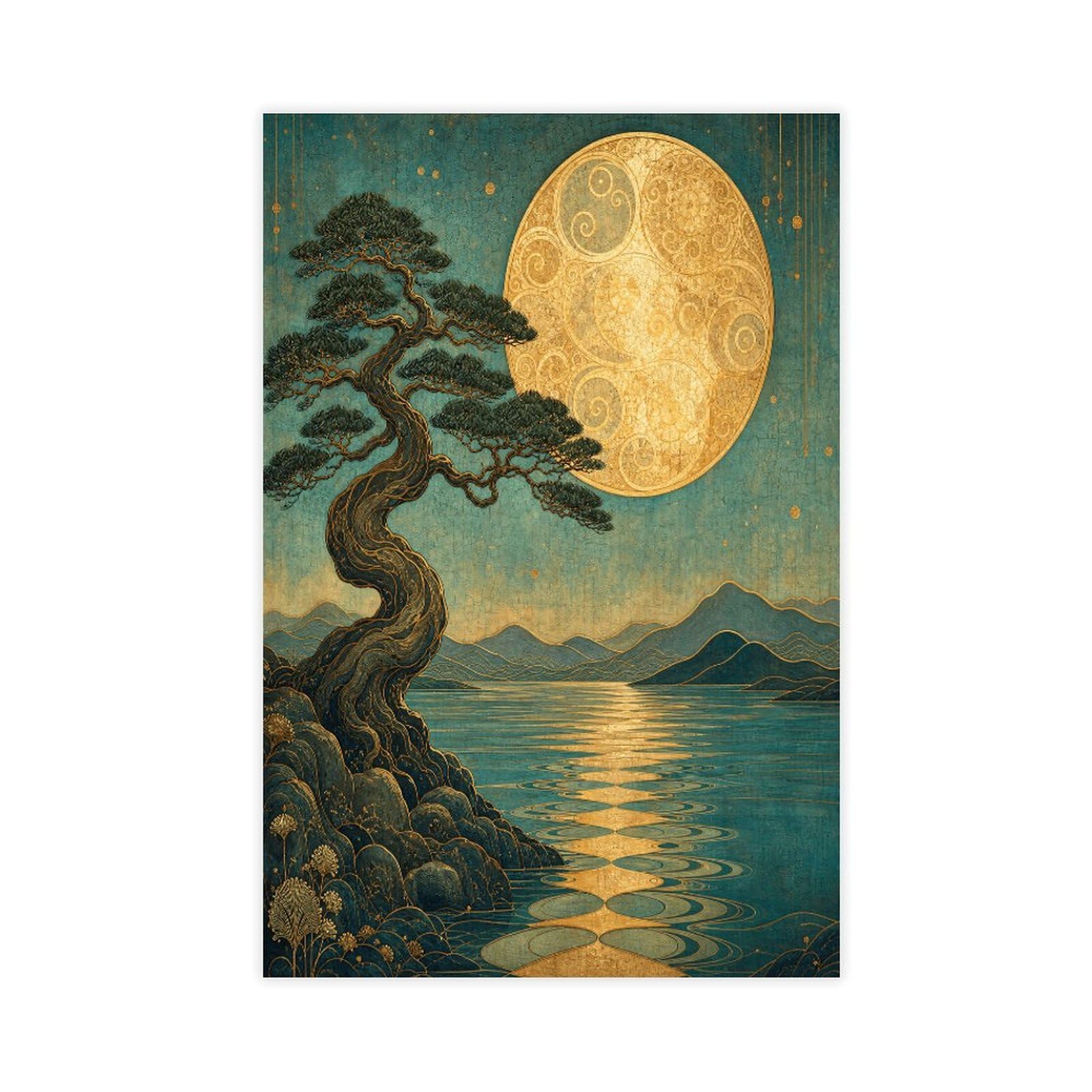 W7c8u2x3 Unframe-Style-9 Pine Tree Under Full Moon Canvas Wall Art, Japanese Woodblock Style