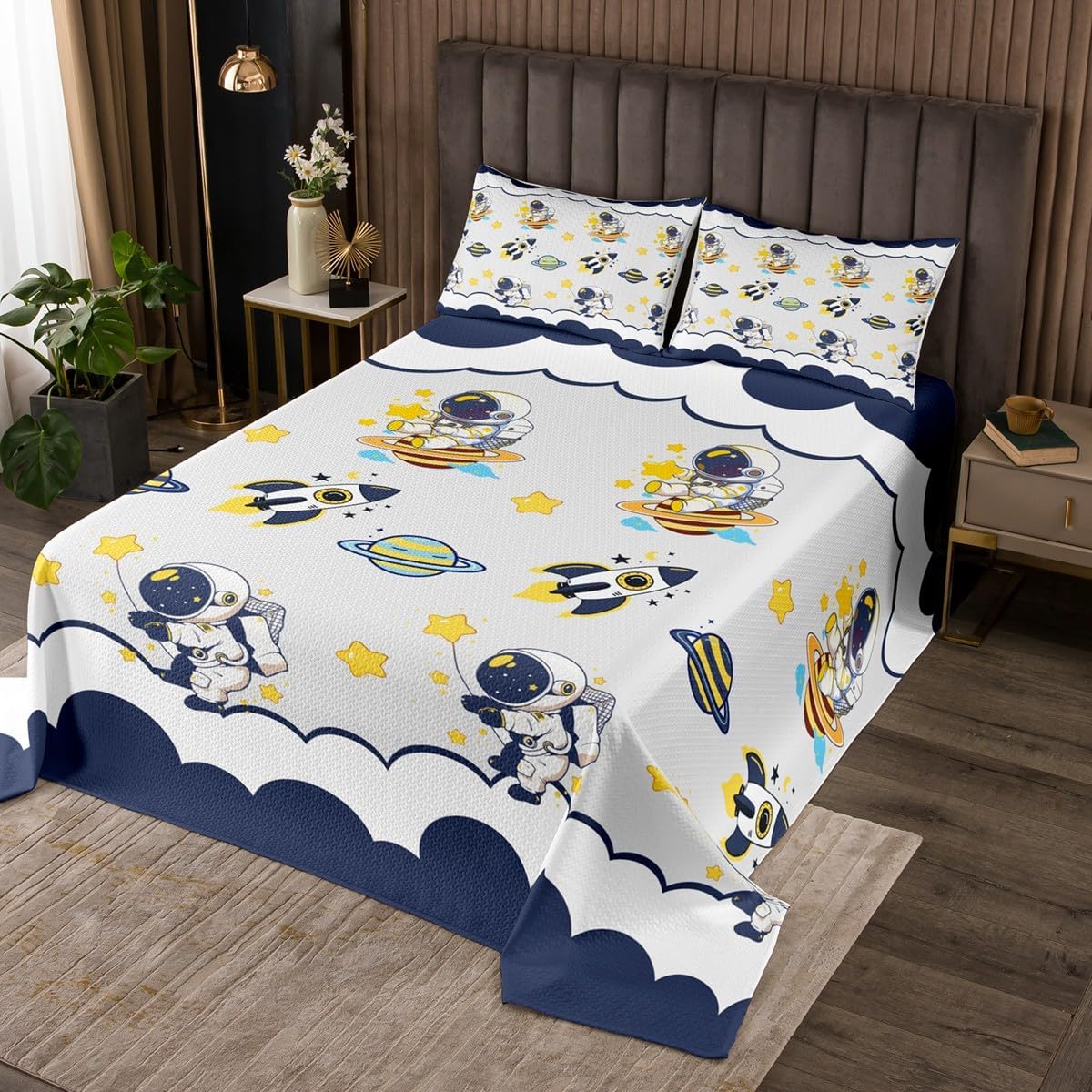 Erosebridal Galaxy Quilt Set Queen Size for Kids Teens Adults,Cartoon Planets Astronaut Coverlet Set,Outer Space Bedspread Set,Rocket Bed Cover Bedroom Decor