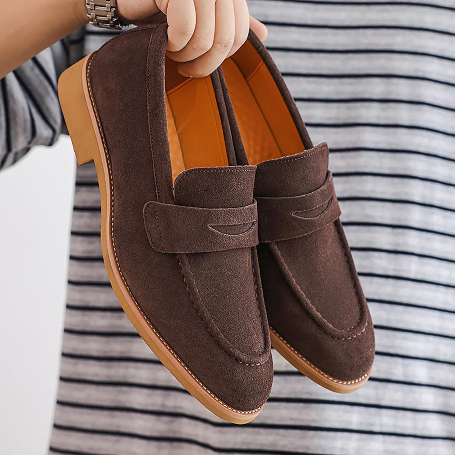 Men's Retro Suede Chunky Loafers Comfortable Slip-on Pointed Toe Non-Slip Business Oxford for Office Casual Formal