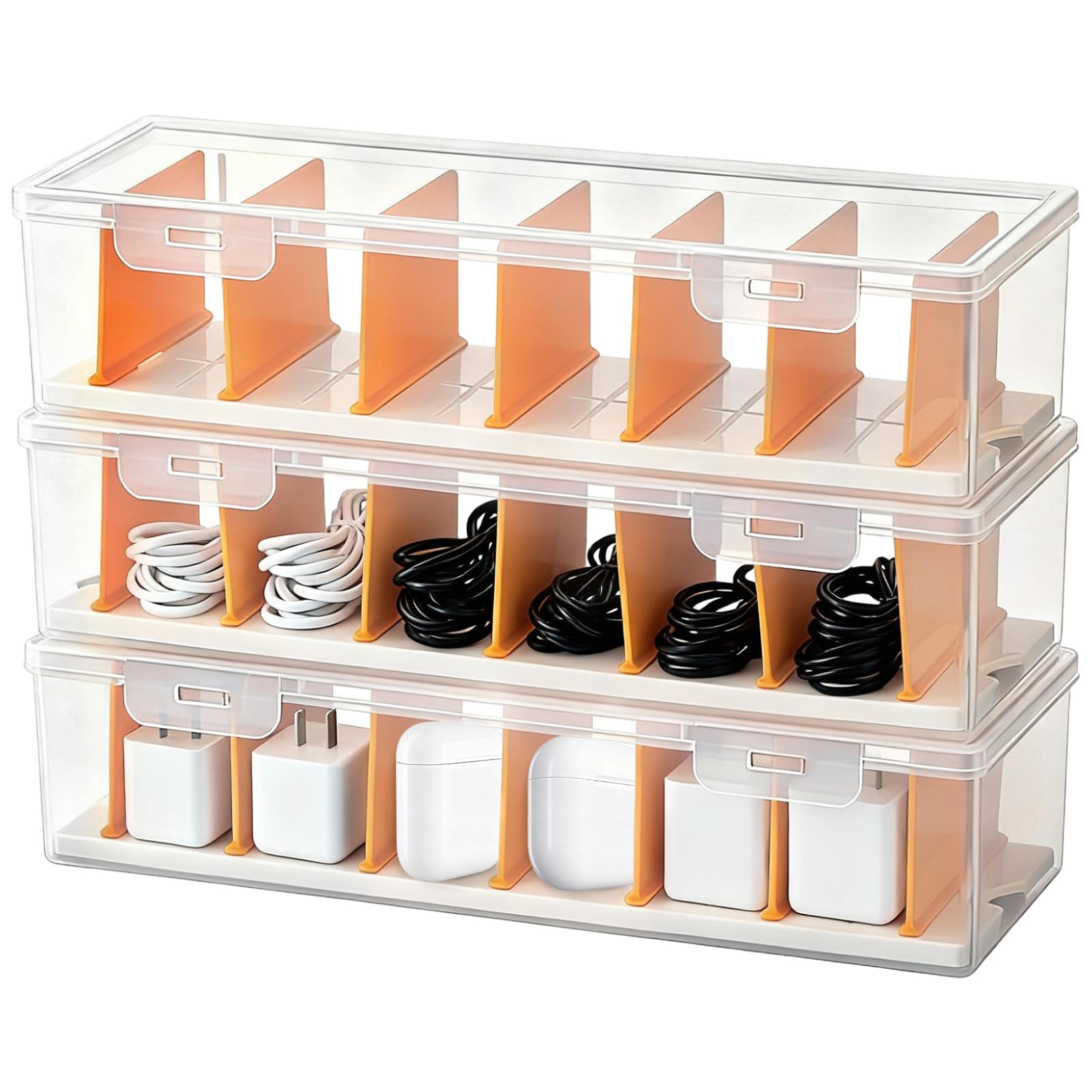 Desk Cable Tidy Management Organiser Box, Wire Organiser, Storage Used for Storing Chargers, Headphones, Data Cables, or Small Office Supplies, 7 Reusable Compartments, Transparent&Orange (3 Pcs)