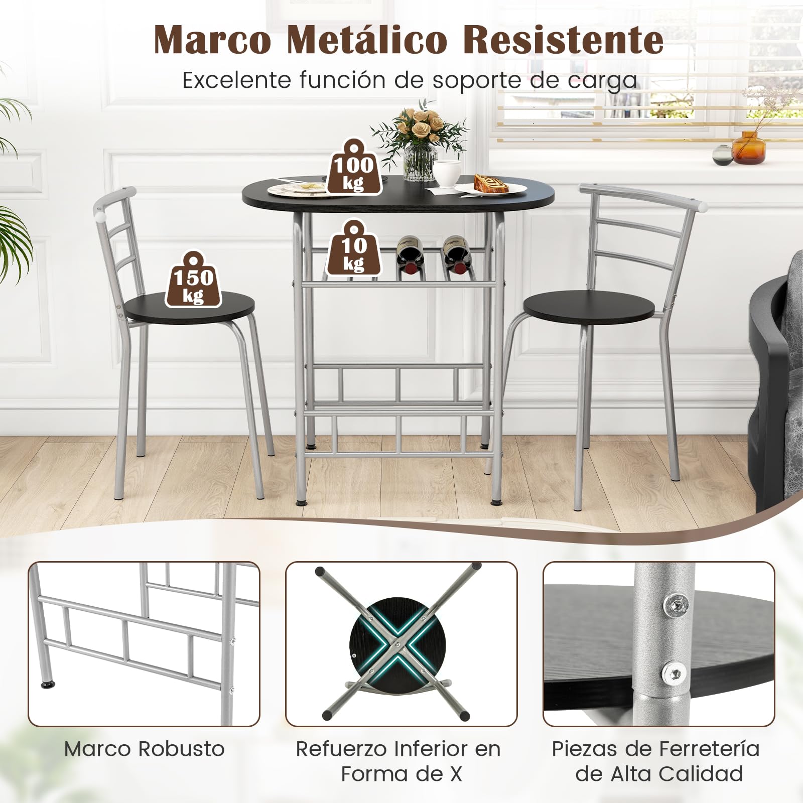 GIANTEX Juego de Comedor de 3 Piezas, 1 Mesa Ovalada Pequeña y 2 Sillas con Respaldo, con Botellero, Tablero de Mesa con Ventas de Madera, Marco de Metal, Ahorro Espacio (Negro+Plata)