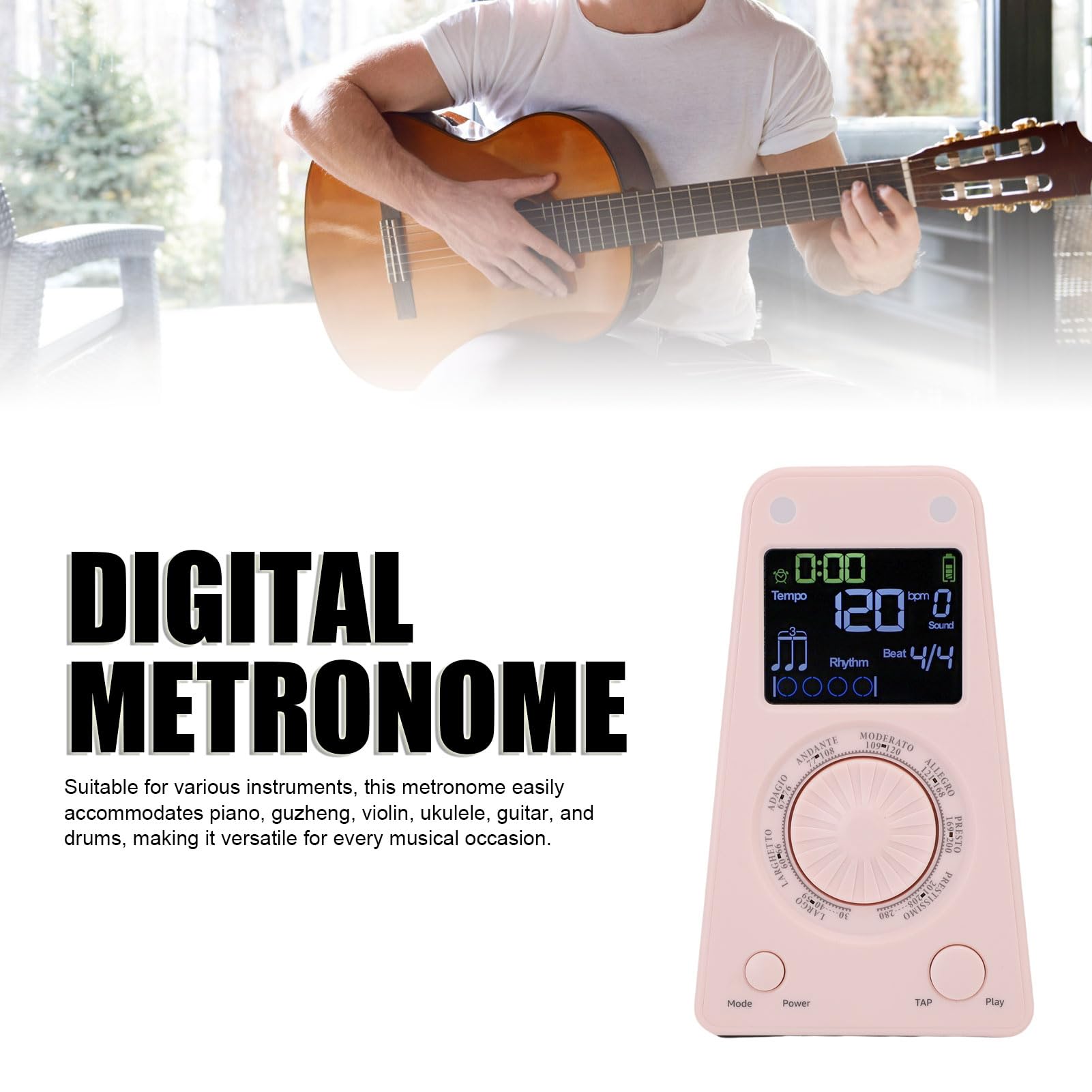 Jiawu Metronomo Digitale Portatile 10 Toni Altoparlante BT di qualità Audio Eccellente per gli Amanti della Musica (PINK)