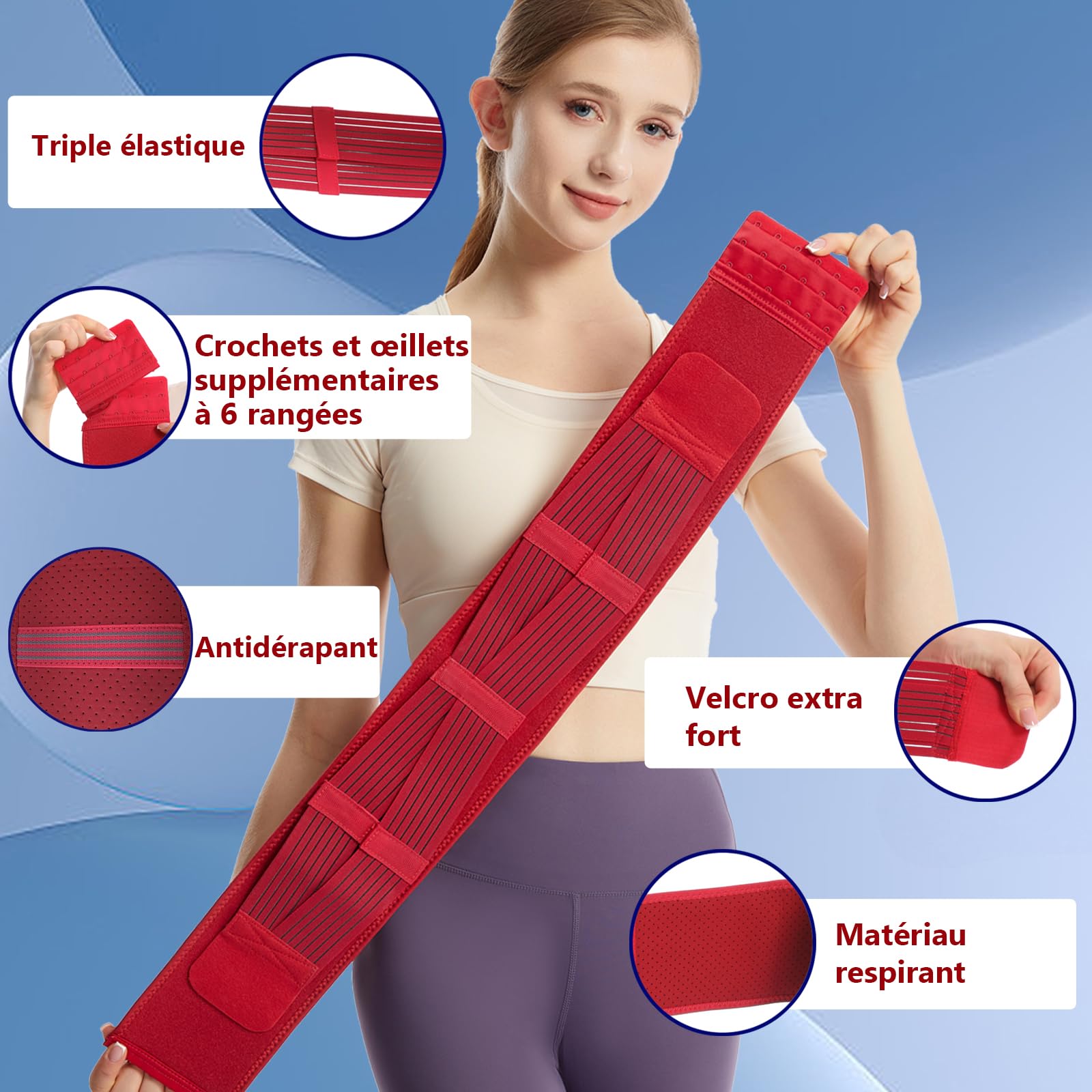 Paskyee Ceinture abdominale avec 6 rangées supplémentaires de crochets et d'yeux - Soutien du bas du dos pour hommes et femmes (Régulier (hanche 85-100cm))