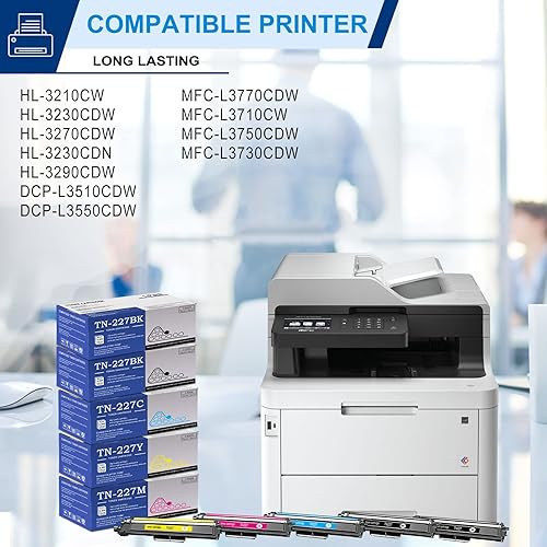 Miniatura 2 de Paquete de 5 cartuchos de tóner TN227 BK/C/M/Y (con chip): Compatible TN227 TN-227 Reemplazo para Brother MFC-L3770CDW L3710CW L3730CDW HL-3210CW