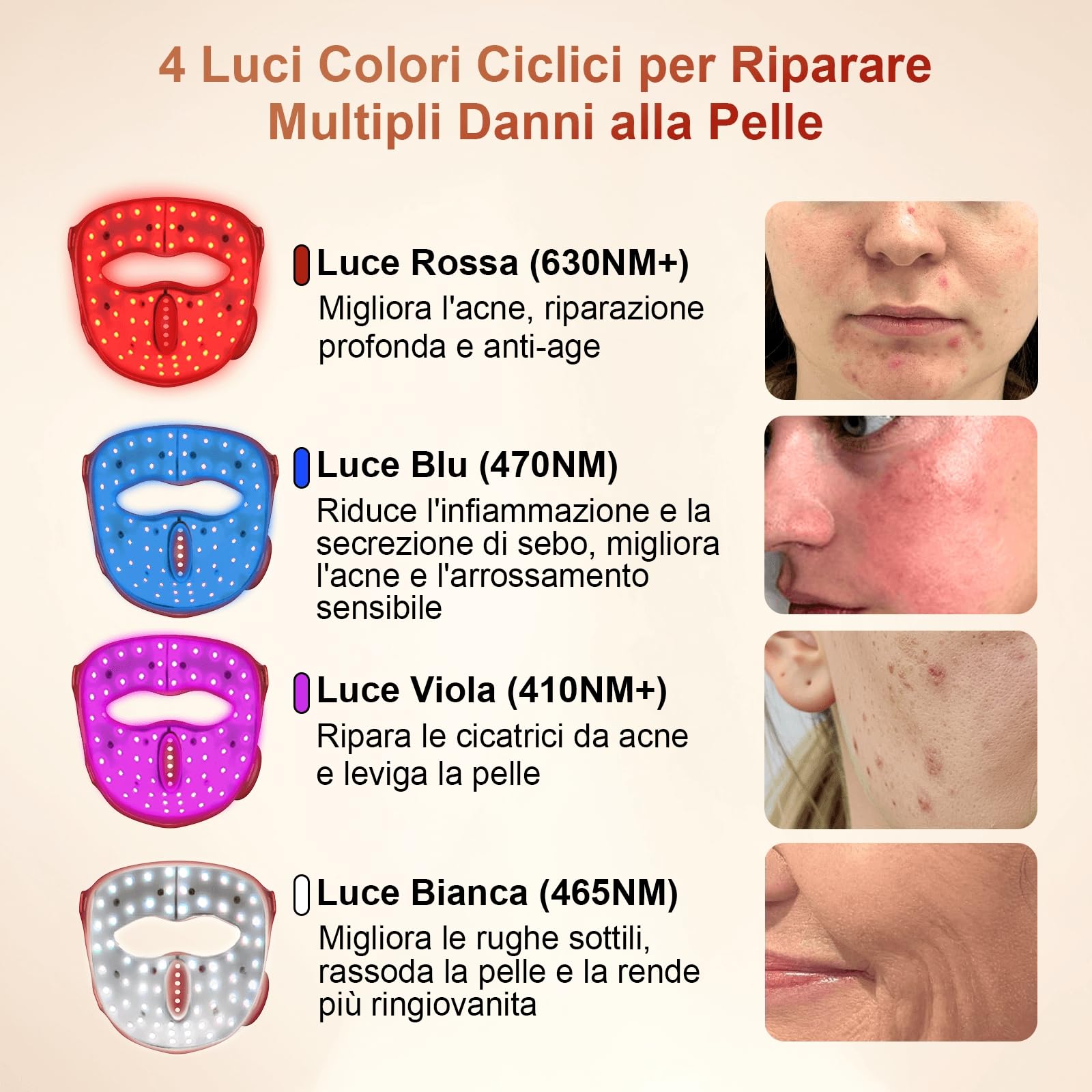 Maschera LED Viso, 4 Colori di Luce, Senza Fili in Silicone Morbido con Temporizzatore, per Cura Quotidiana del Viso