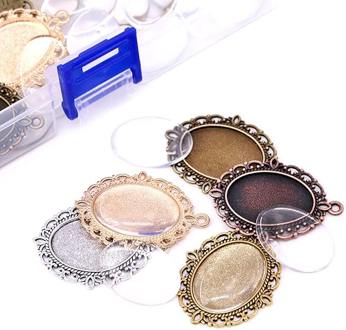 Miniatura 5 de Glarks Juego de 70 colgantes ovalados, 35 bandejas colgantes de 5 colores y 35 piezas de azulejos de cúpula de cabujón de vidrio brillante para