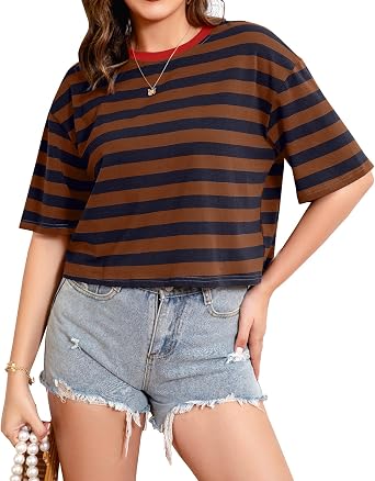 ELDPS Striped Cropped Shirts for Women Half Sleeve Crop Tops Summer Color Blocking T-Shirts Basic Tees