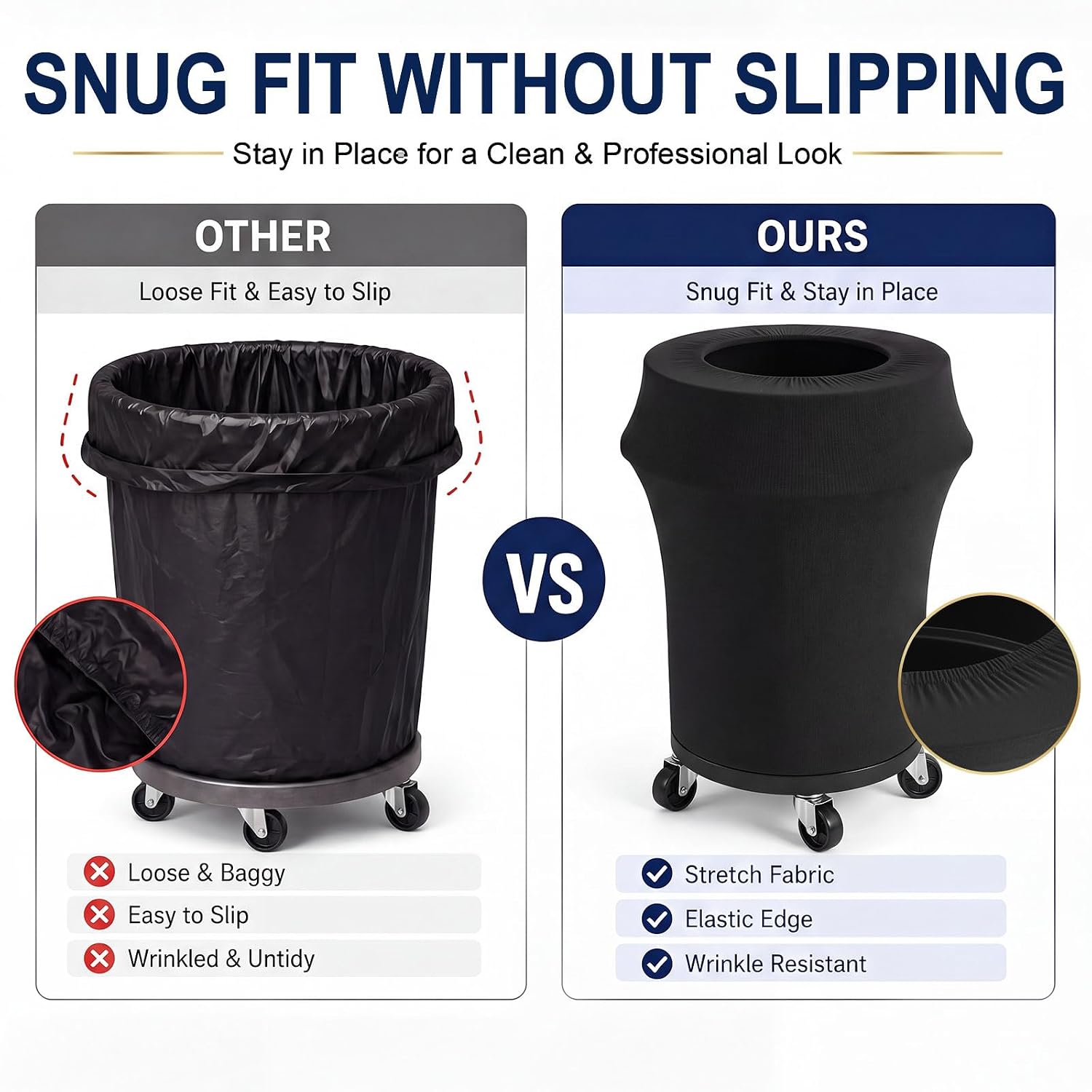Tanlade 2 Pcs 44 Gallon Spandex Trash Can Cover, Stretch Garbage Can Cover with Open Bottom for Wheels, Polyester Spandex Round Trash Bin Covers for Weddings, Parties, Events and Outdoor Use(Black)