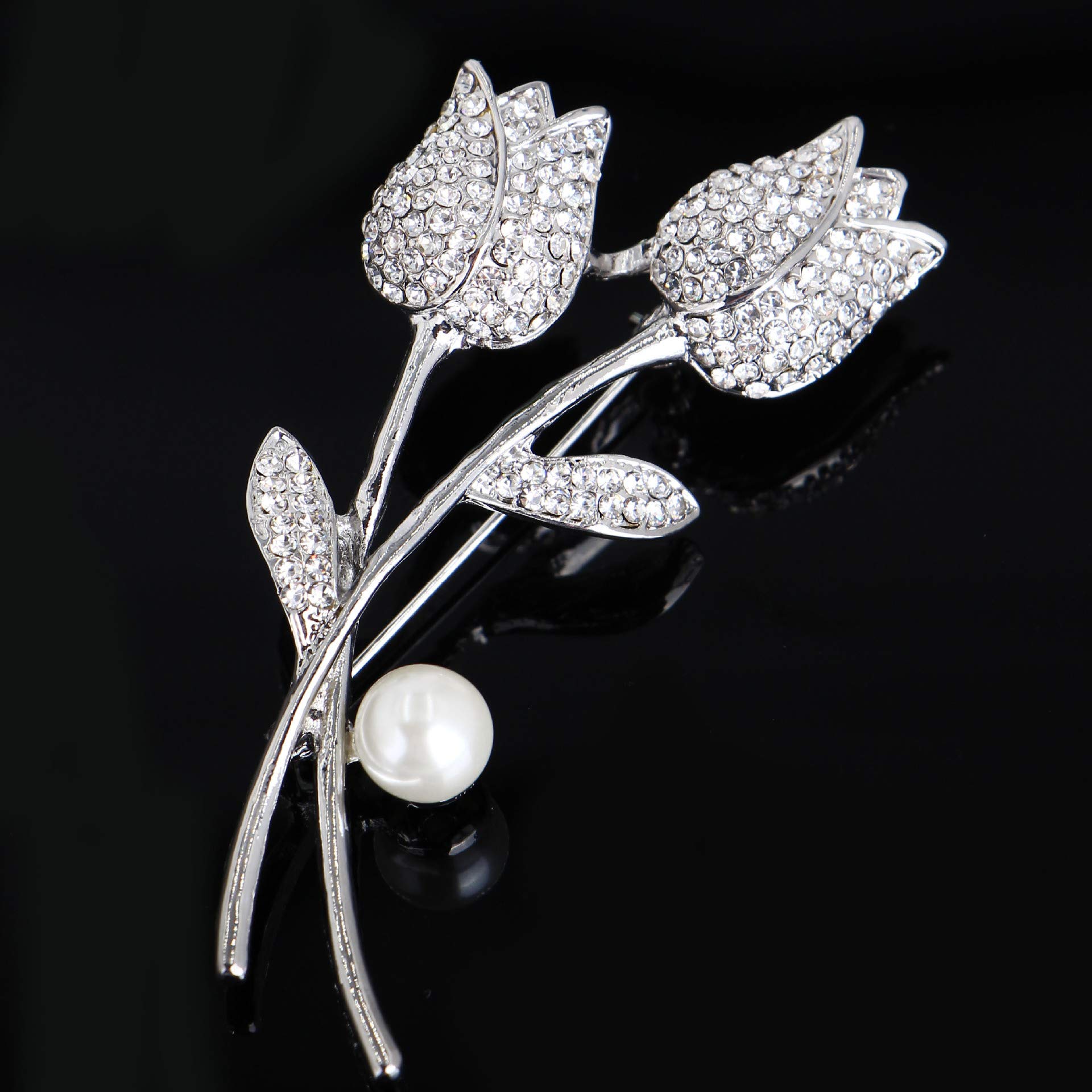 Fashion Bling Diamond Brooch Pins for Women Bouquet Flower Wedding Created Crystal Brooch (Silver Rose)