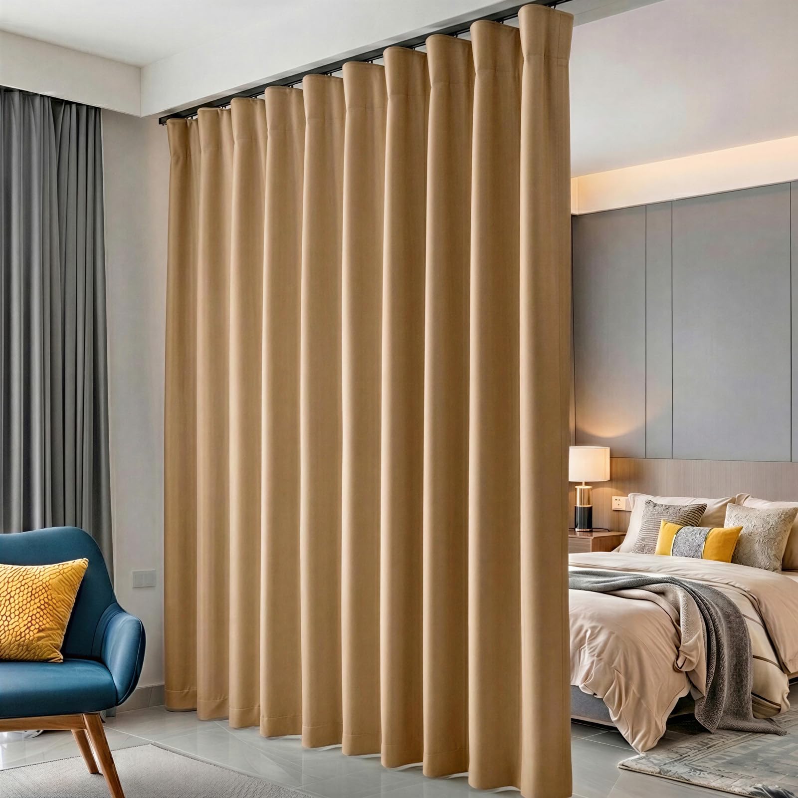hoeflife Room Divider Curtains Blackout Floor to Ceiling Curtain with Hook Wall Mount Sliding Door Curtains Ceiling Mount Extra Wide Curtain Wall Divider for Room Separation (Khaki, W100 x H84 Inch)