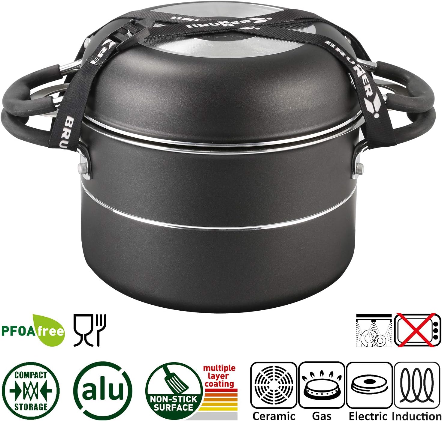 Stacked cookware set secured with a lashing strap
