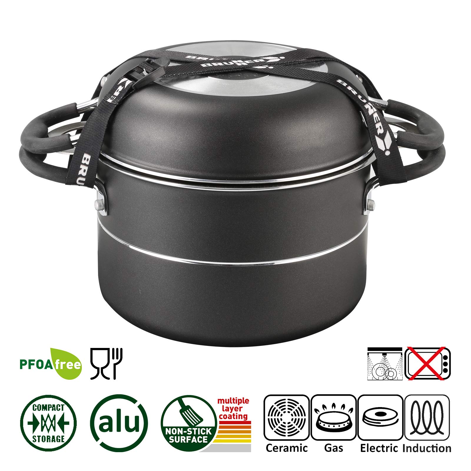 BRUNNER Camping Kochgeschirr-Set Alu (Töpfe und Pfannen) - ø 20, 22 oder 24-cm Pirate Vakublock - 4 Personen, Beschichtet, Leicht, Hochwertig, Stapelbar