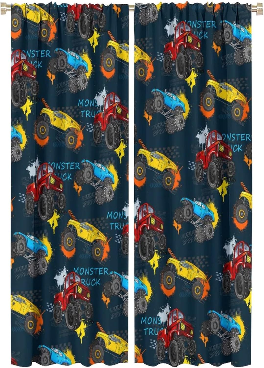 Abstract Monster Truck Blackout Curtains,Watercolor Monster Truck Car Theme Graffiti Art Window Curtains Rod Pocket Thermal Insulated Room Darkening Blackout Curtains 2 Panels 63L x 21W
