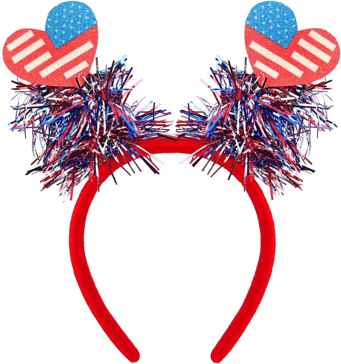 4th of July Headband for Women, USA Flag Star Bow Headband with Tinsel, Blue White Red Hair Hoop, Independence Hair Accessory, Patriotic Party Hair Supplies