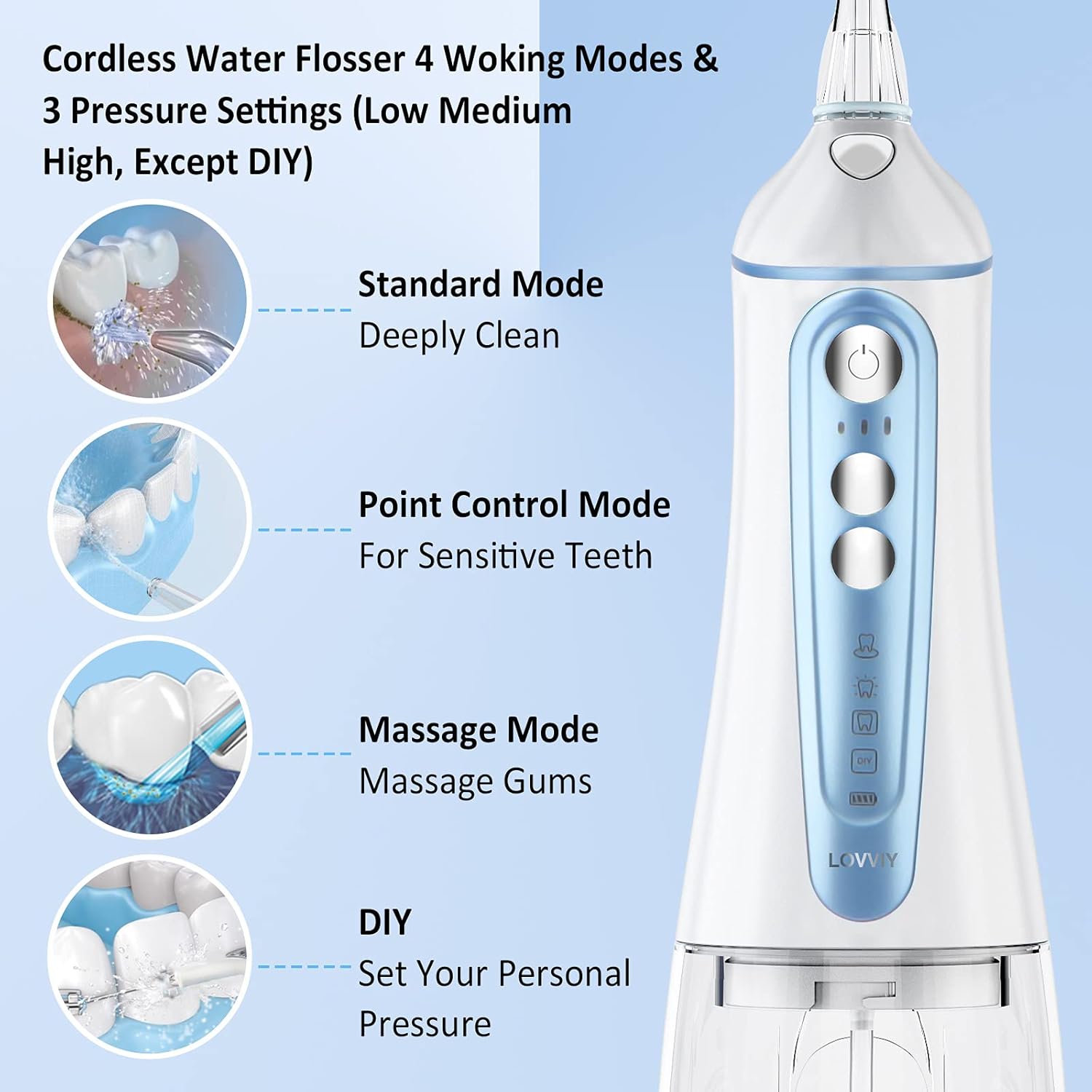 Cordless Water Flosser for Teeth Portable 320ML Dental Oral Irrigator Waterproof Water Pick Teeth Cleaner 4 Modes USB Rechargeable Power Dental Flossers with 4 Jet Tips for Braces Care Home Travel : Beauty & Personal Care