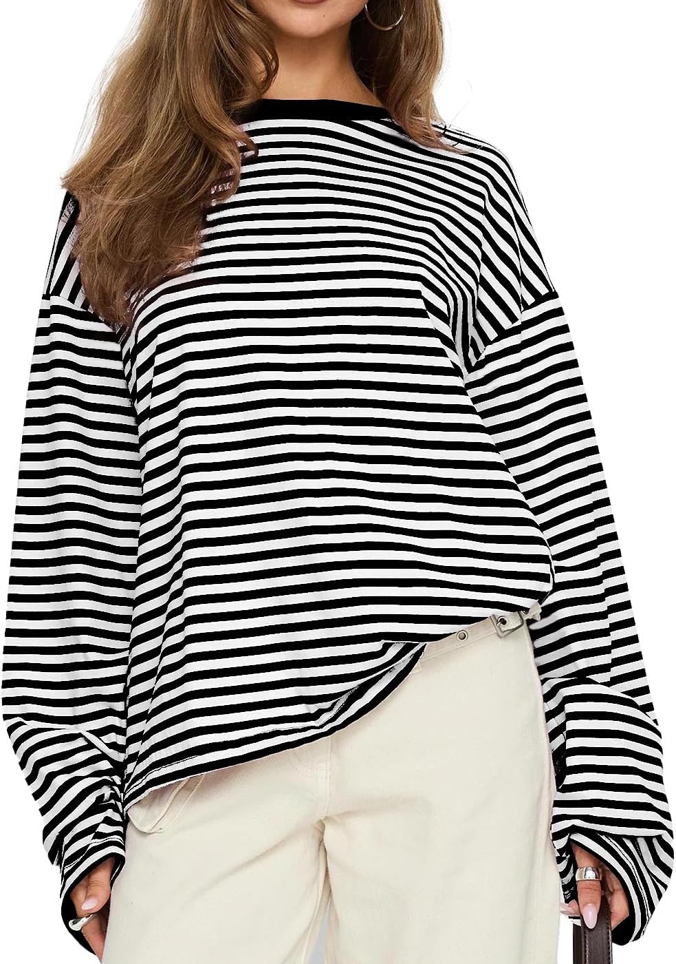 Lacozy Womens Striped Sweatshirt Oversized Crew Neck Color Block Long Sleeve Shirt Loose Fit Tops Fall Fashion