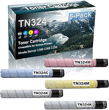 5 Pack BK+C+Y+M Compatible High Yield TN324 | TN324BK TN324C TN324Y TN324M Laser Printer Toner Cartridge Use for Konica Minolta BizHub C368 C308 C258 Printer