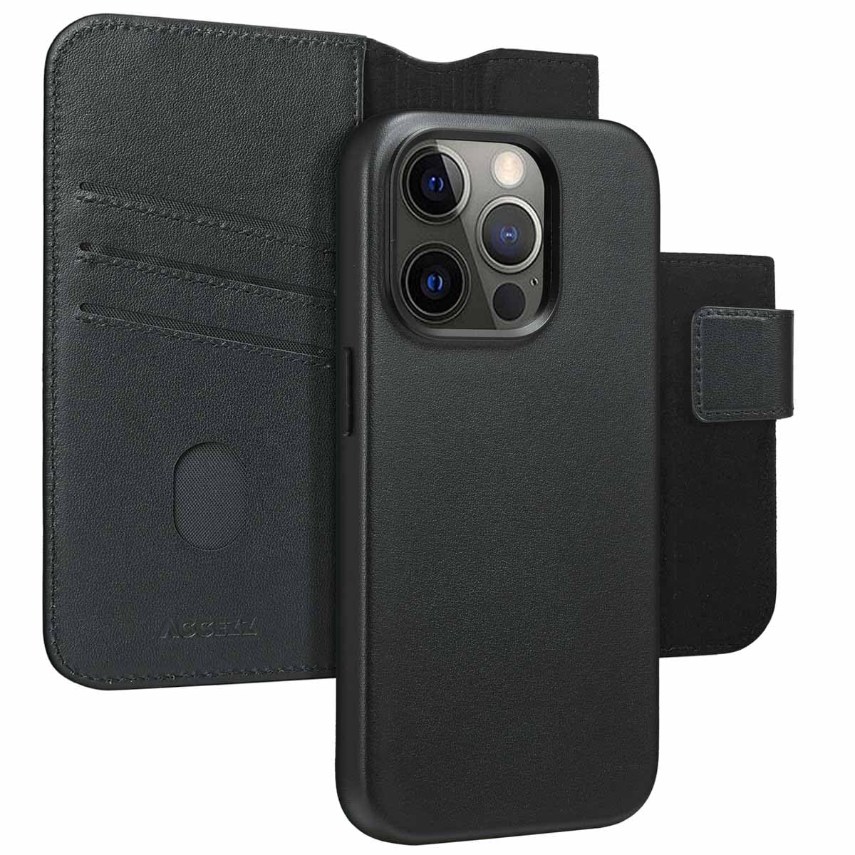 ACCEZZ 2 in 1 Handyhülle iPhone 15 Pro Hülle Abnehmbare magnetische mit Mit Handschlaufe, Kabelloses Laden, Kartenfach Schutzhülle Kompatibel für iPhone 15 Pro Schwarz