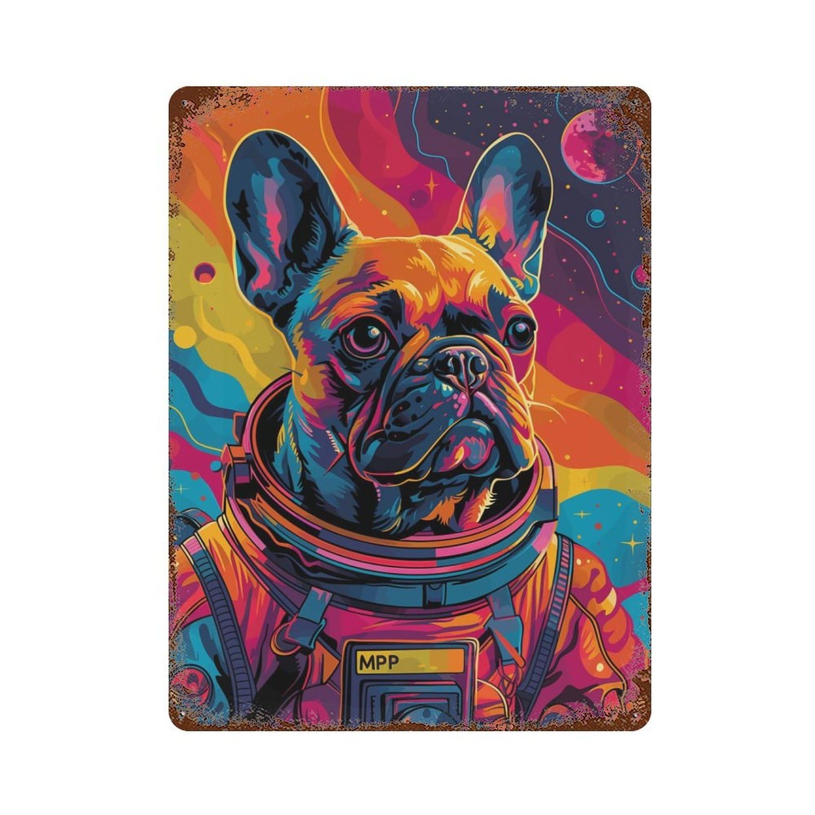 Astronaut French Bulldog Vintage Rust Metal Sign 15.7"x11.8", Classic Wall Plaque for Basement, Hobby Room And Garage Decor