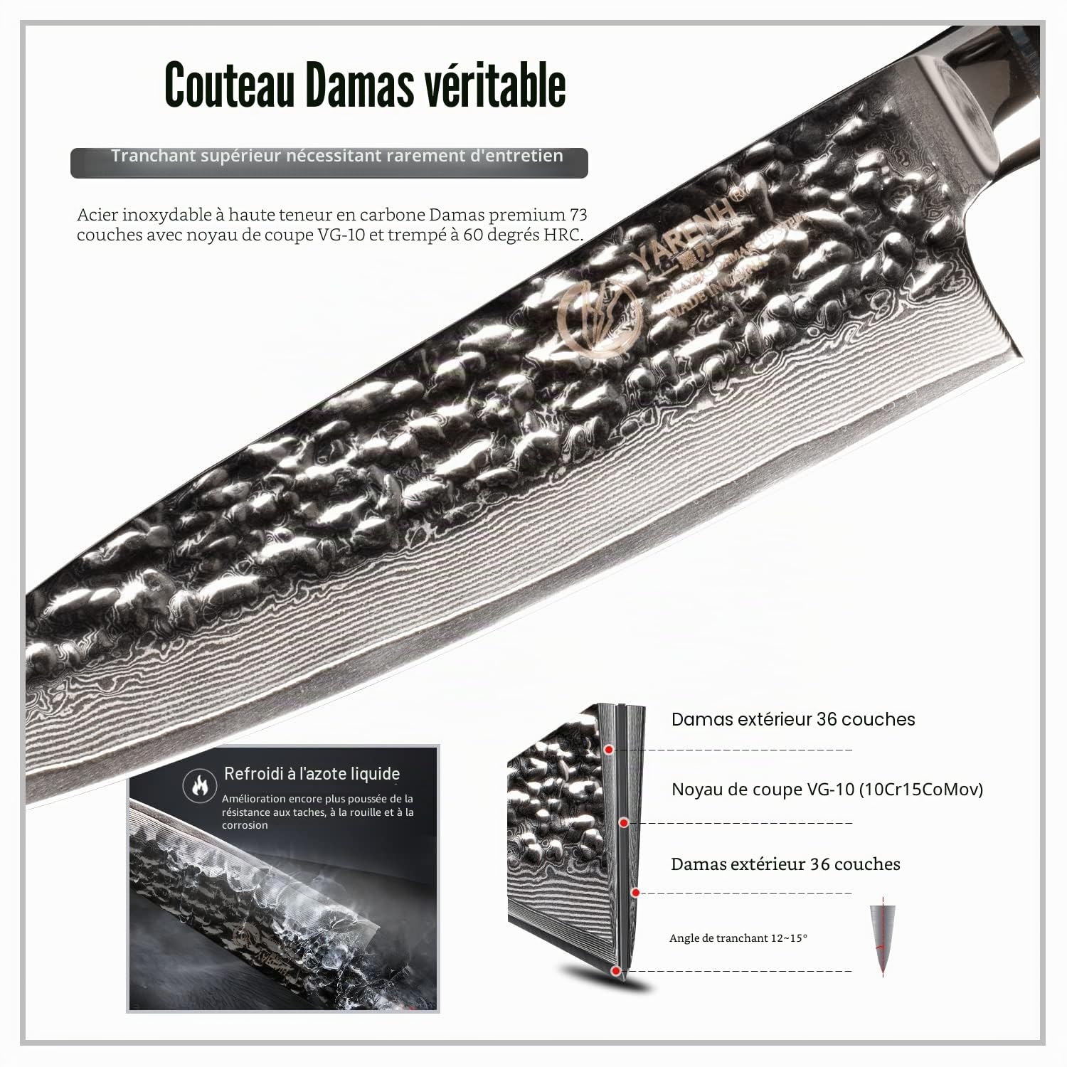 YARENH 5 Pièces Set Couteau Cuisine, Acier Damas 73 Couches Avec Poignée en Bois, Ensemble de Couteaux Professionnel Avec Bloc en Bois - Série HTT