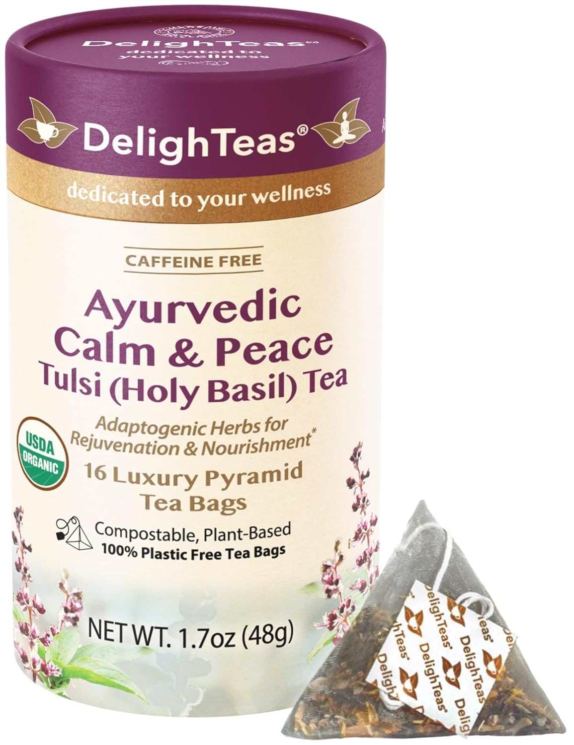 DelighTeas Tulsi Holy Basil Tea | Eco-Conscious Pyramid Tea Bags | Ayurvedic Tulsi, Ashwagandha Adaptogen Blend | USDA Organic, Caffeine Free, Kosher | 30 Tea Bags, 3g each