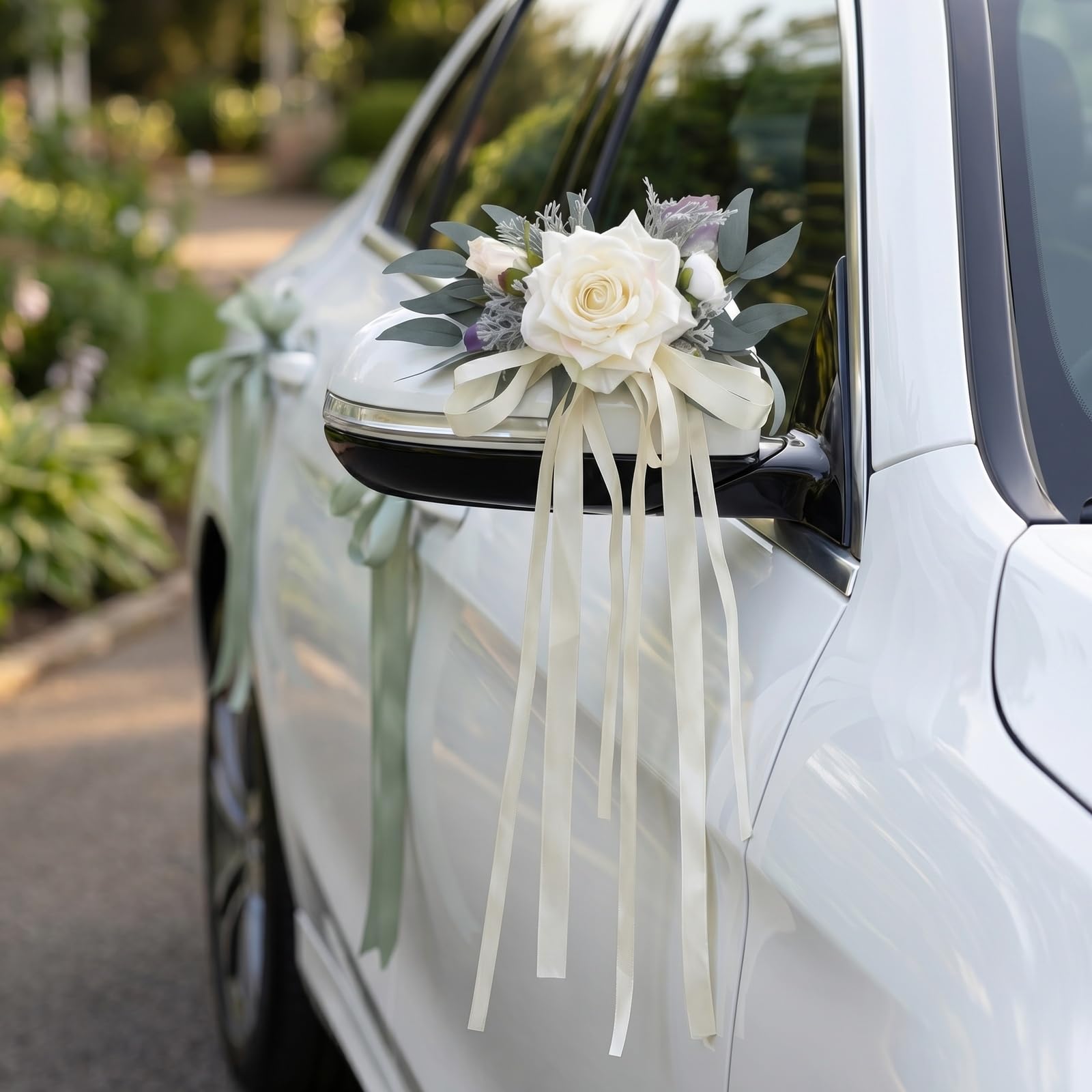 Naapesi Set di 2 Decorazioni Floreali per Specchietti Retrovisori Matrimonio Bianco Latte - Eleganti Fiori Artificiali con Nastri per Auto degli Sposi - Addobbi Auto Matrimonio Raffinati