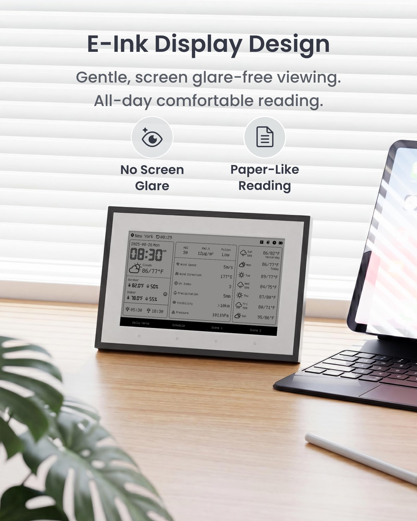 SwitchBot Smartes E-Ink-Home-Dashboard, 7,5" kabelloser Monitor für Innen-/Außentemperatur und Luftfeuchte mit elektronischer Terminanzeige, 2,4-GHz-WLAN und BLE, kompatibel mit Google/iCloud/Outlook