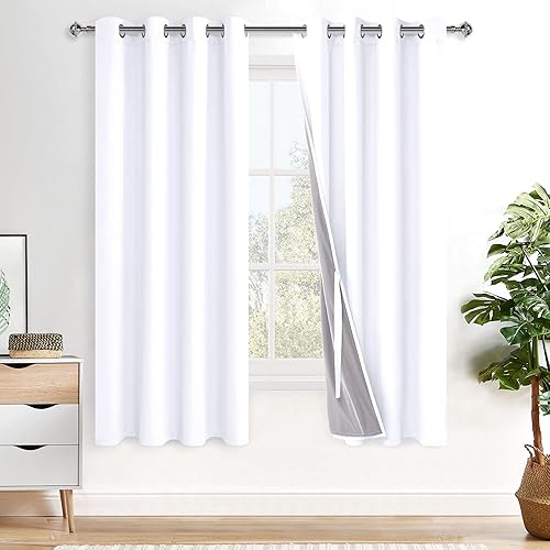 Cortinas blancas 100% opacas  Cortinas de bloqueo de calor y luz completa con forro negro para dormitoriolavandería, paneles de ventana con ojales