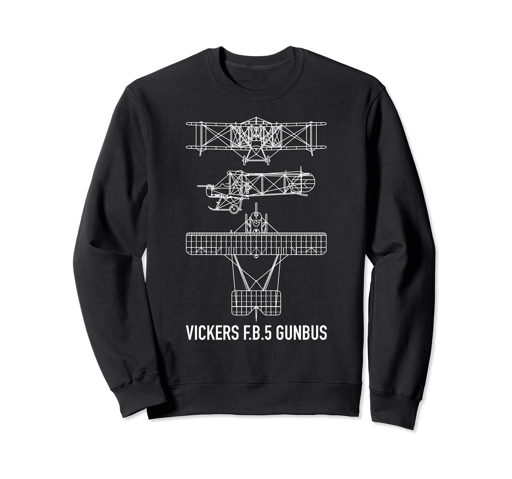 Vickers F.B.5 Fighting Biplane 5 Gunbus Blueprint Diagram Sweatshirt, Black